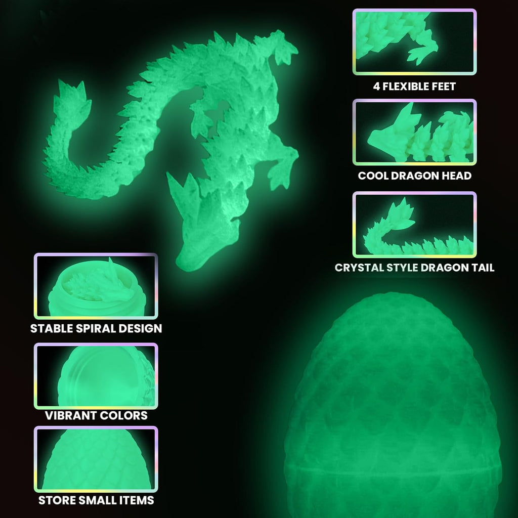 3D Printed Dragon Egg,Dragon Eggs with Dragon Inside,Crystal Dragon Fidget Toys,Full Articulated Dragon Dragon in Egg,Adults Fidget Toys for Autism ADHD (Luminous Green)