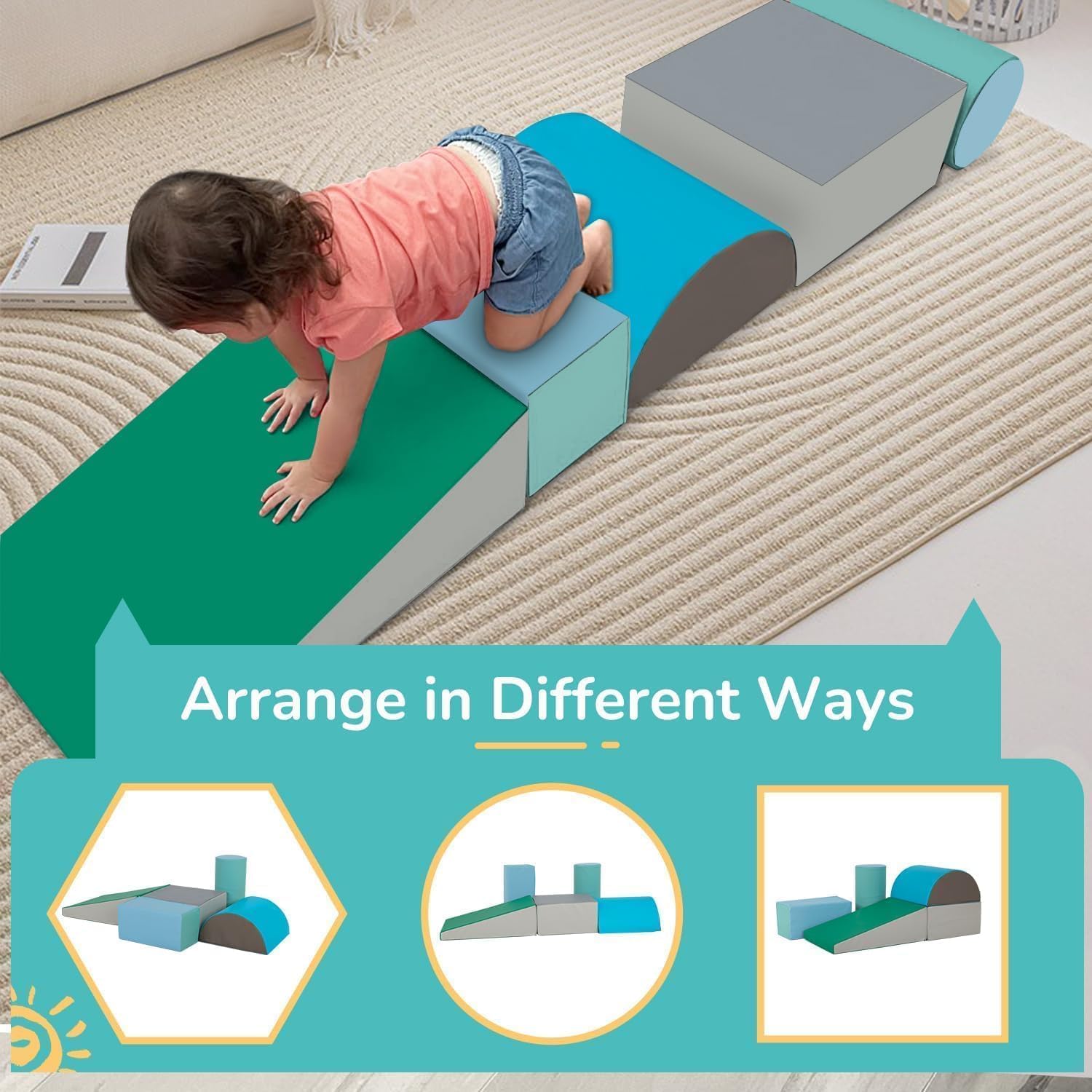 PayLessHere Climbing Toys for Toddlers 5 Piece Corner Foam Climbing Blocks Set with Soft Foam and Strong Structure for Babies 1-3 Crawling and Sliding Activity Play Indoor(Blue, 5 Piece)