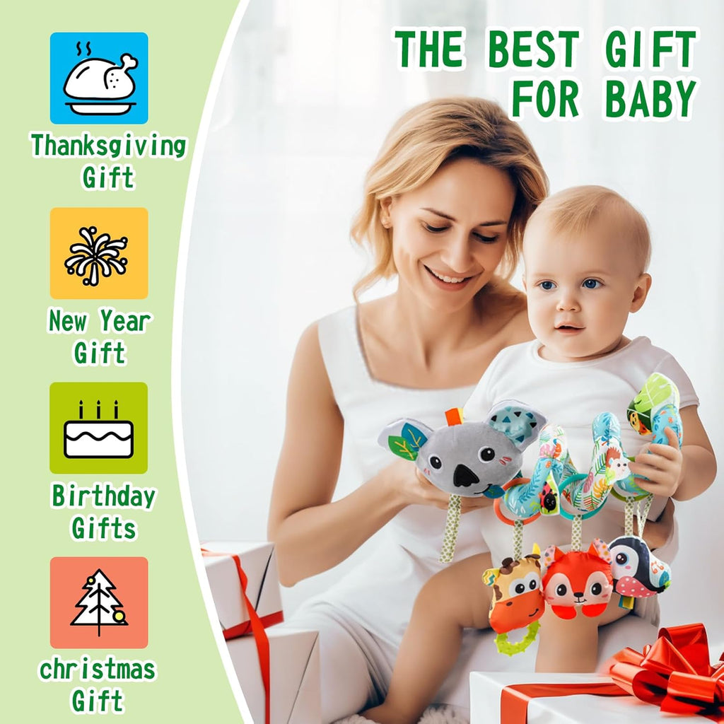 Jollybaby Crib Stroller Car Seat Toys for Baby 0-3-6-9-12 Months, Tummy Time Hanging Sensory Toys for Newborn with Music Box and Teether, Spiral Carseat Toy for Infant Boys Girls Gifts (Grey)