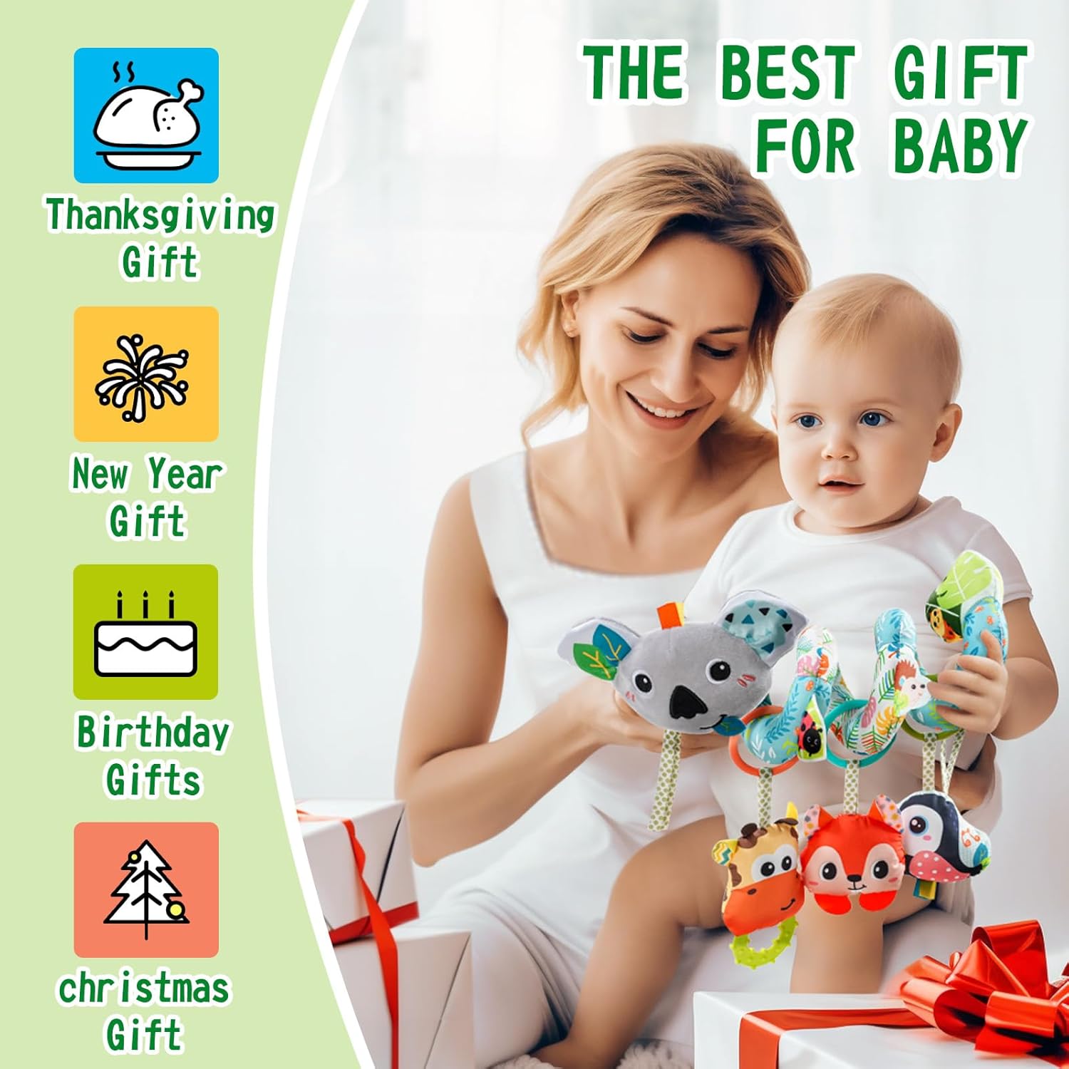 Jollybaby Crib Stroller Car Seat Toys for Baby 0-3-6-9-12 Months, Tummy Time Hanging Sensory Toys for Newborn with Music Box and Teether, Spiral Carseat Toy for Infant Boys Girls Gifts (Grey)