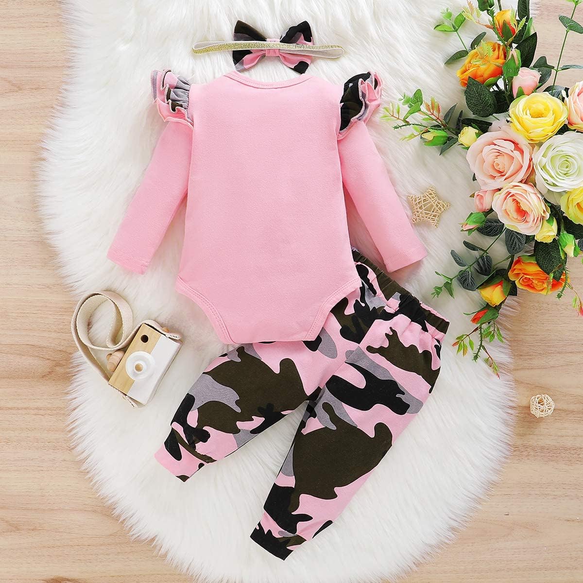 Newborn Baby Girl Clothes, Infant Girl Outfits Long Sleeve Ruffle Romper + Floral Pants + Headband Set