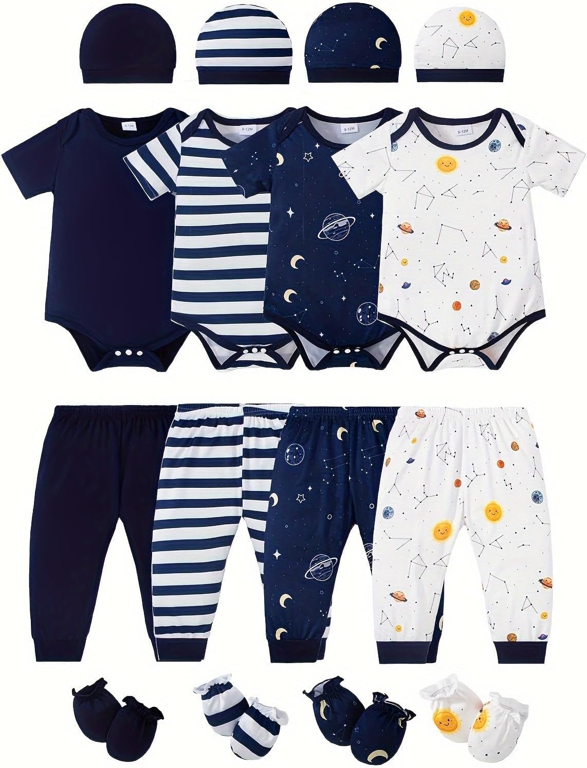 NZRVAWS Newborn Baby Boy Girl Clothes Unisex Infant Romper Pants Set Hat 4-Pack Outfits 0-12 Months 16 Pieces Toddler