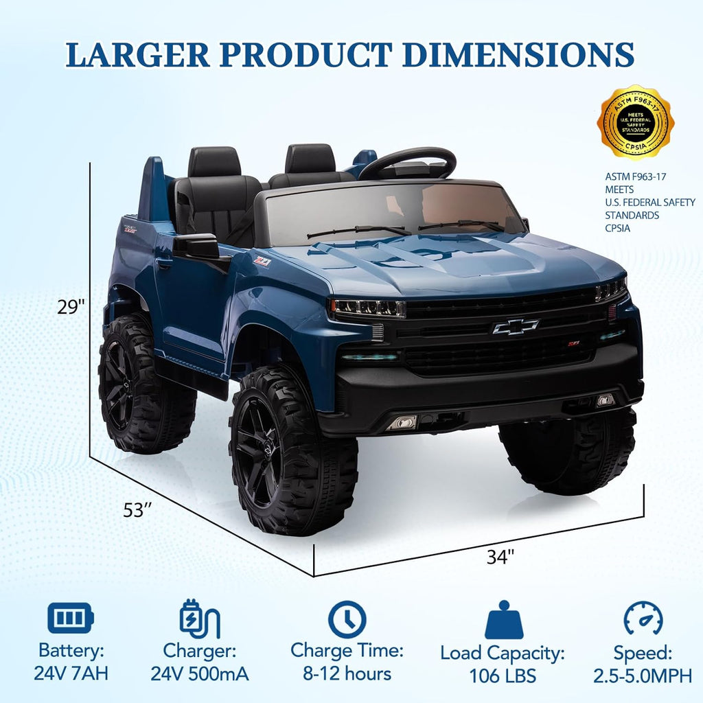 Hetoy 24V 2-Seater Truck Licensed Chevrolet Silverado Ride On Car Toy w/Parent Remote Control,4xSpring Suspension, 3 Speeds, Wireless Music, MP3 Player, Electric Vehicle Car for Kids, Blue