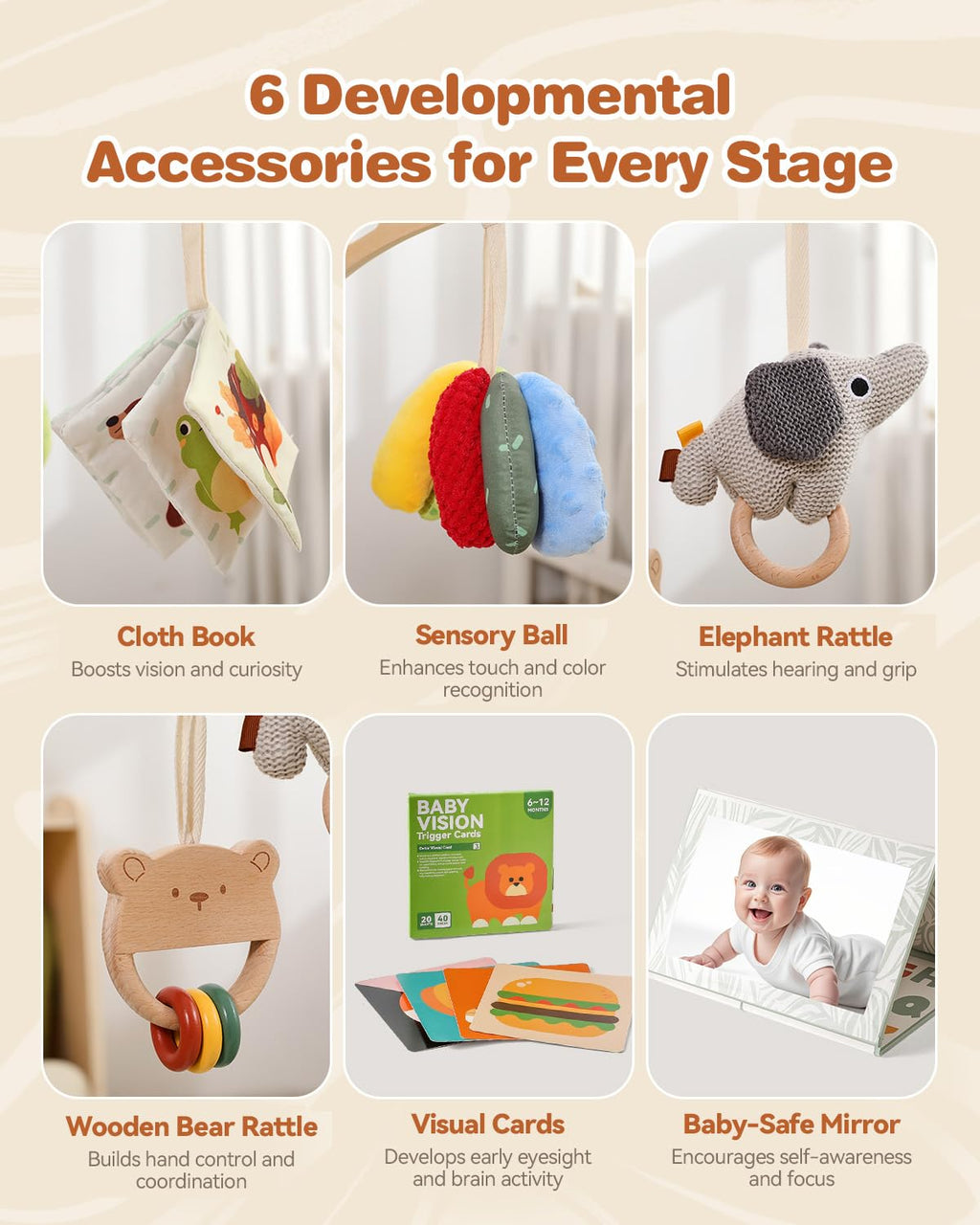 Wooden Baby Play Gym & Tummy Time Playmat – Montessori Sensory Activity Mat with 6 Developmental Toys for Fine Motor Skills – for Newborns to Toddlers (0–12M+)