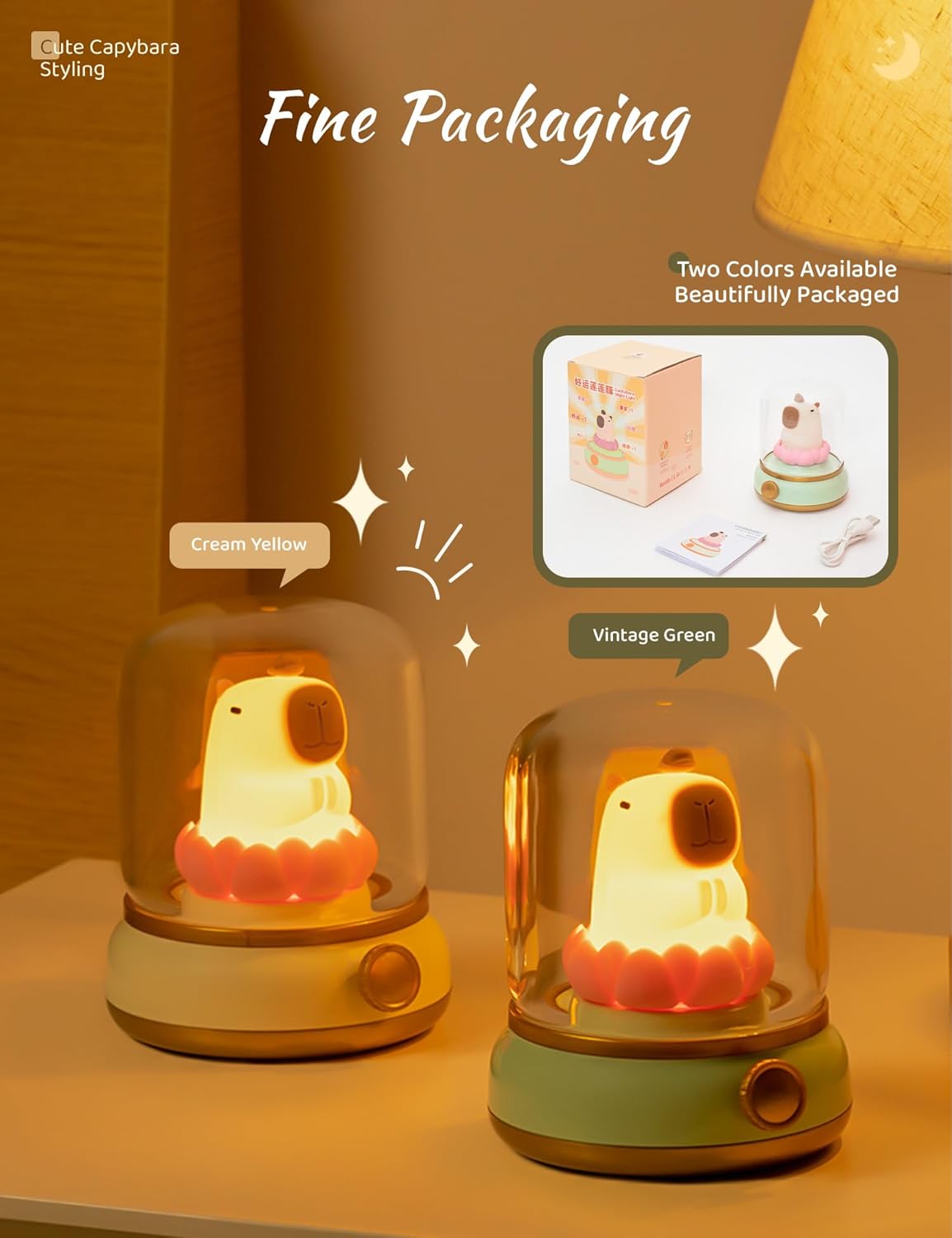 Lucky Capybara Night Light, Cute Rechargeable Lamp for Kids, Rotatable Brightness Adjustment, Lucky Capybara Gift (Yellow)