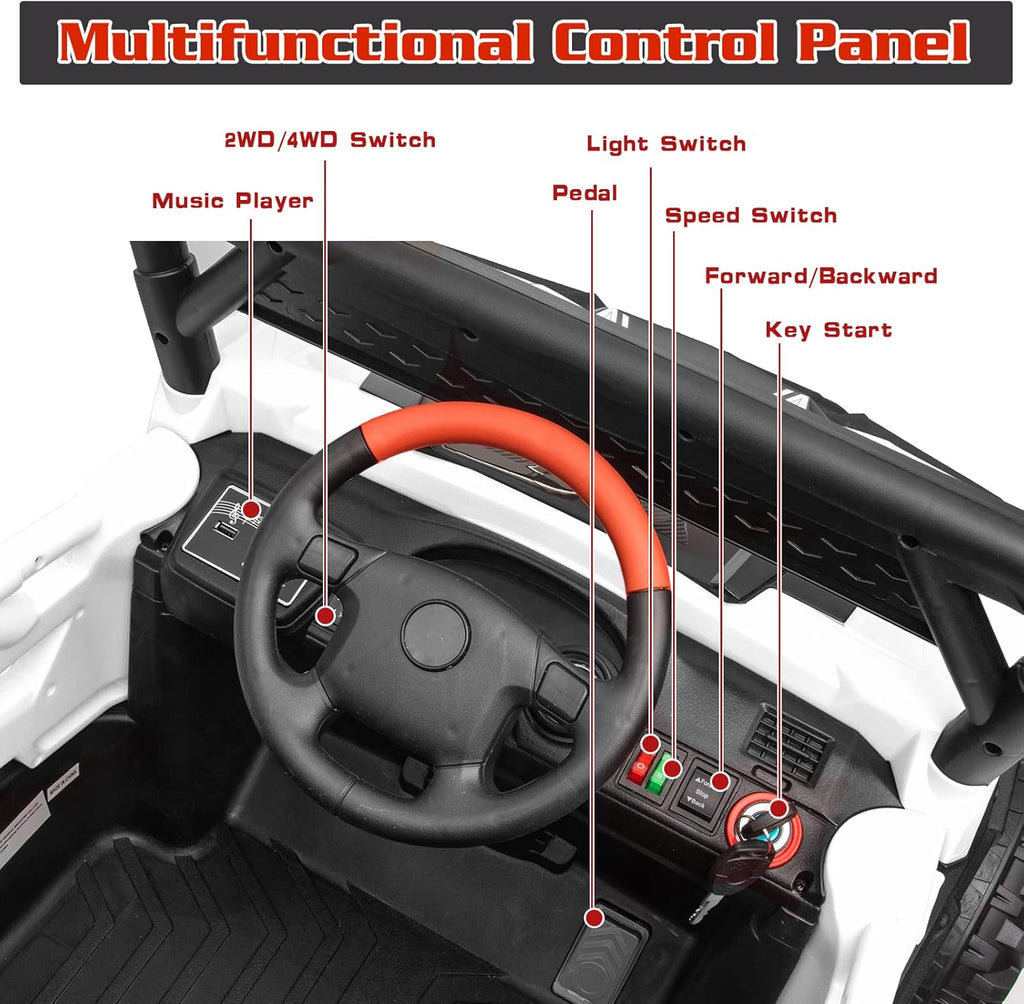 24V Ride On Car for Kids, 4x4 Kids Electric Car with Remote Control Off Road, Children Car with Bluetooth 3 Speeds LED Lights Storage Trunk,White