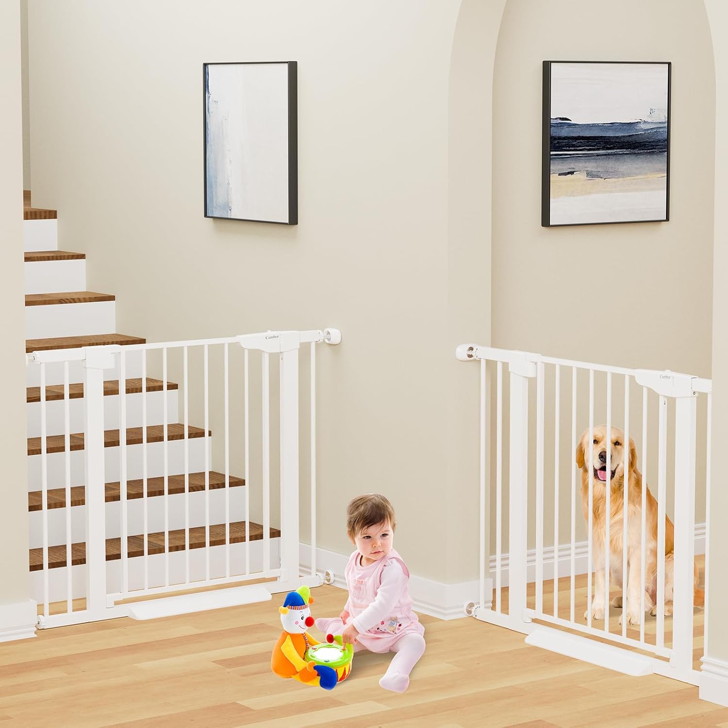 Cumbor 2 Pack 29.7-40.6" Baby Gate for Stairs, Mom's Choice Awards Winner-Dog Gate for Doorways, Pressure Mounted Self Closing Pet Gates for Dogs Indoor, Safety Child Gate with Easy Walk Thru Door