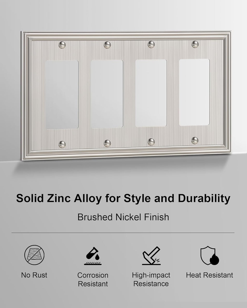 2-Pack Quad Decorator Outlet Cover Plate, Zinc Alloy Brushed Nickel Switch Plates and Outlet Covers, 4 Gang Wall Plates for Electrical Outlets, Receptacle, GFCI Outlet, Dimmer Switch