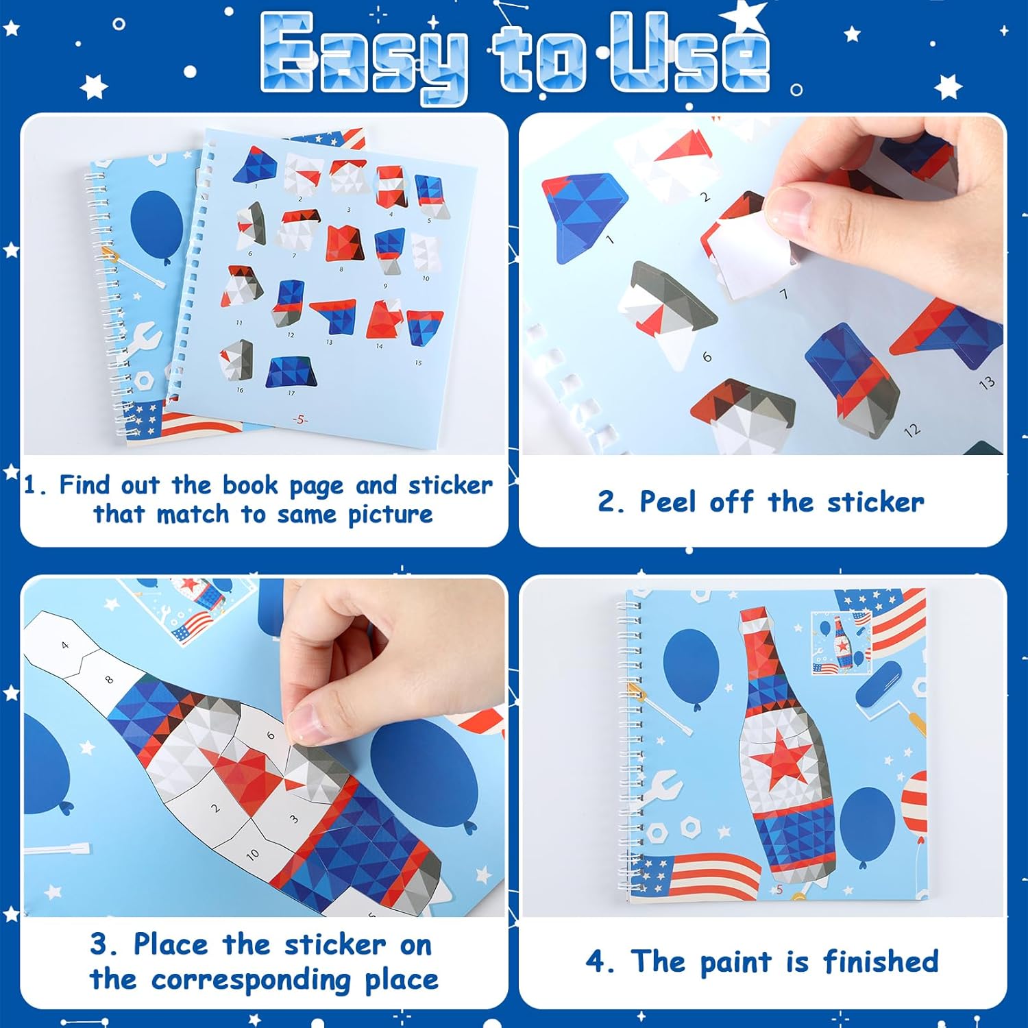 4Pcs Patriotic Paint by Sticker Books Sticker by Number Books Activity Book Puzzle Book Craft Art Gift Memorial Day 4th of July American Star 32 Pictures