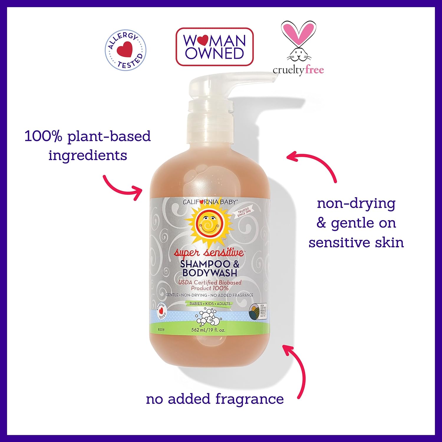 California Baby Super Sensitive Baby Shampoo and Body Wash | 100% Plant-Based | Gentle Fragrance Free Shampoo | Hypoallergenic | 19 Ounce (Pack of 2)