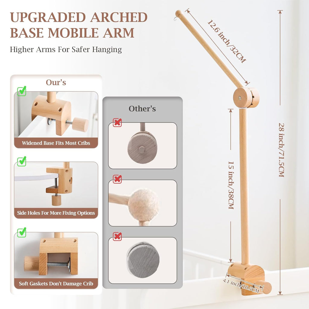 Baby Crib Mobile Arm - Wooden Mobile Arm with Height Adjustable＆360° Rotatable Upgraded Arched Base Nursery Mobile Holder for Crib Mobile Hanger Baby Crib Attachment Nursery Decor