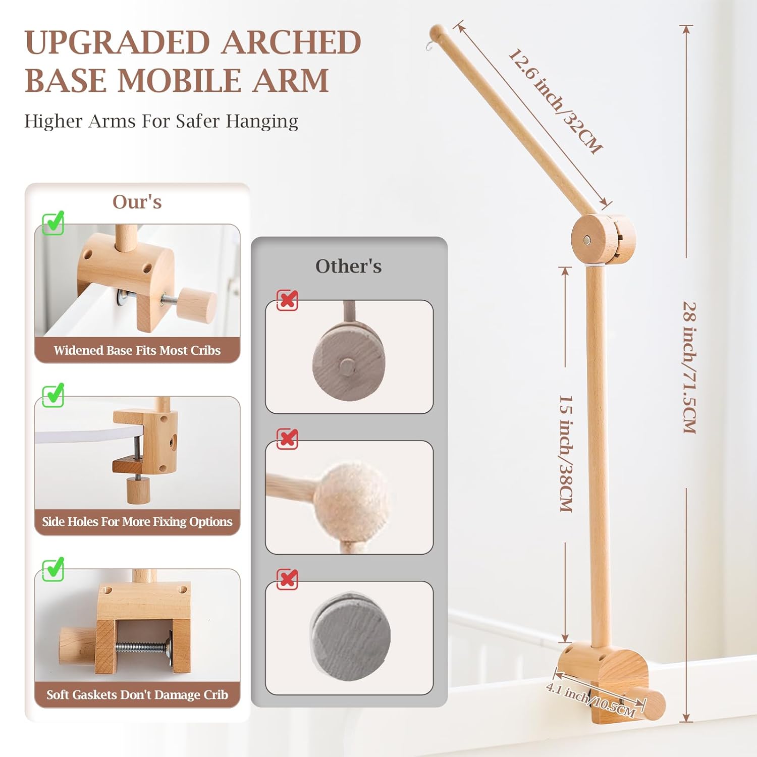 Baby Crib Mobile Arm - Wooden Mobile Arm with Height Adjustable＆360° Rotatable Upgraded Arched Base Nursery Mobile Holder for Crib Mobile Hanger Baby Crib Attachment Nursery Decor