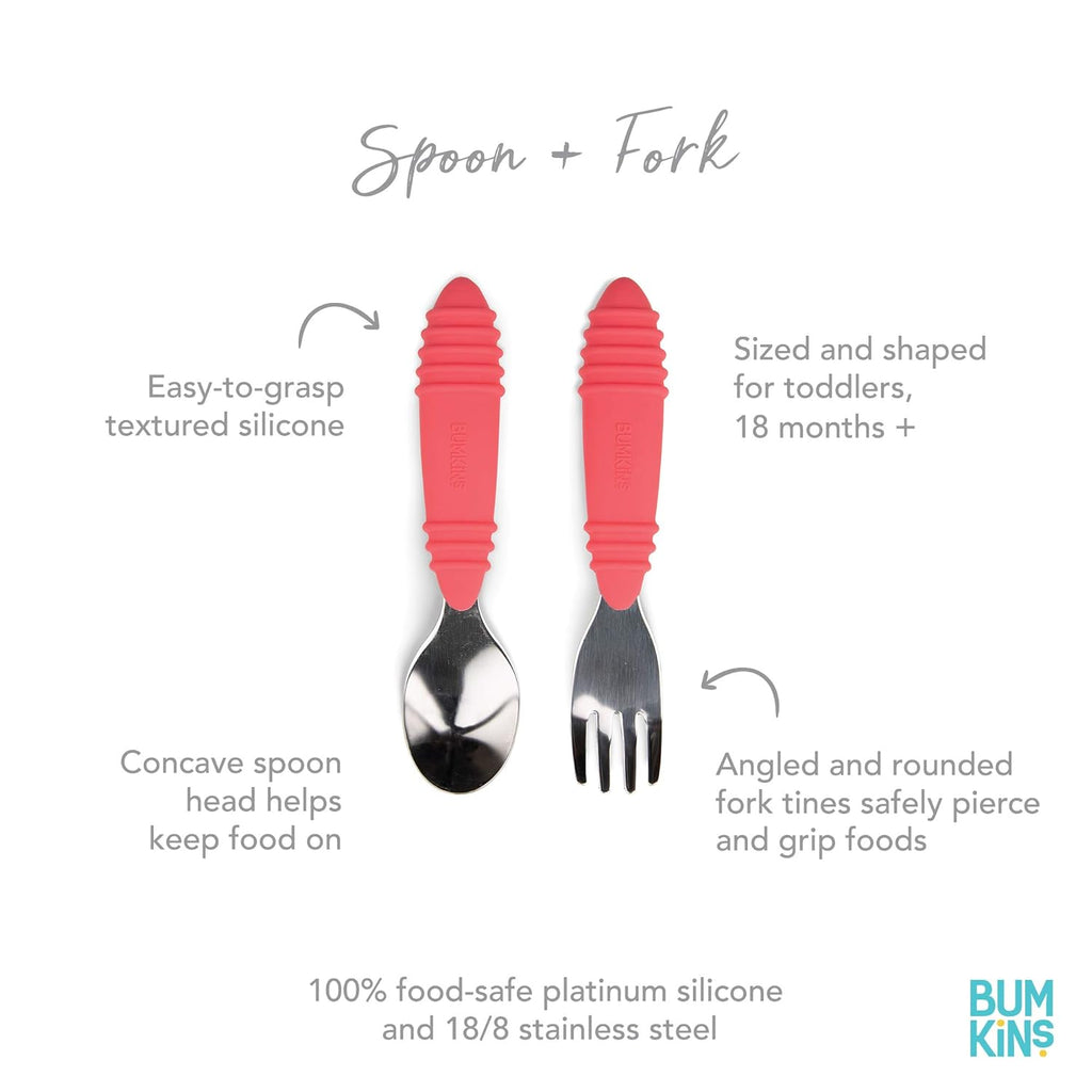 Bumkins Toddler Utensils, Kids Size Fork and Spoon Set, Silicone and Stainless-Steel Training Silverware, Angled Forks / Sporks for Self-Feeding, Children Hold Learning to Eat, 18 Months Up, Red