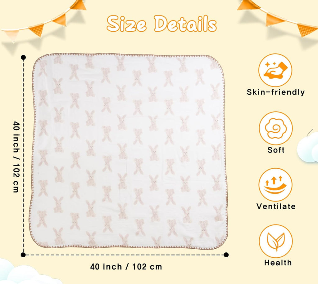 Baby Blanket Double Layer Cotton 40 x 40 Soft Receiving Blanket with Pattern Machine Washable Bunny