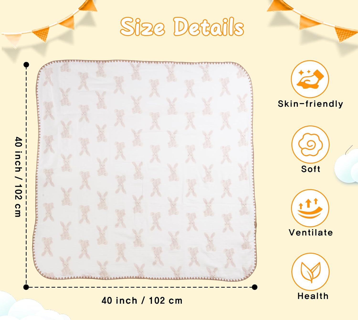 Baby Blanket Double Layer Cotton 40 x 40 Soft Receiving Blanket with Pattern Machine Washable Bunny