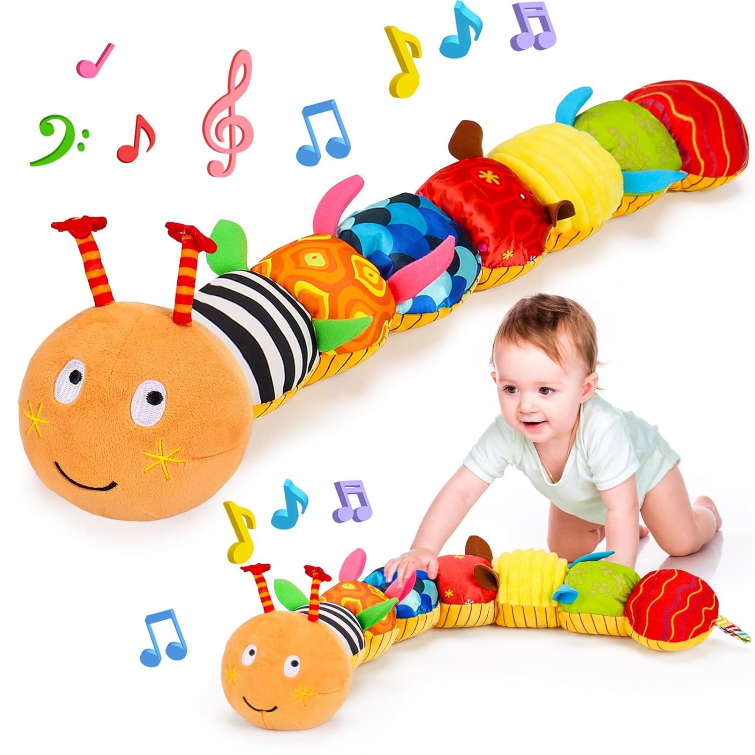Baby Sensory Caterpillar Toys 0-3 Month Music Animal Stuffed Plush Toy for Infant 0-3-6-12 Month Tummy Time with Crinkle Rattle for Newborn 9-12 Month Texture Toy for Boy Girl Birthday Shower 1