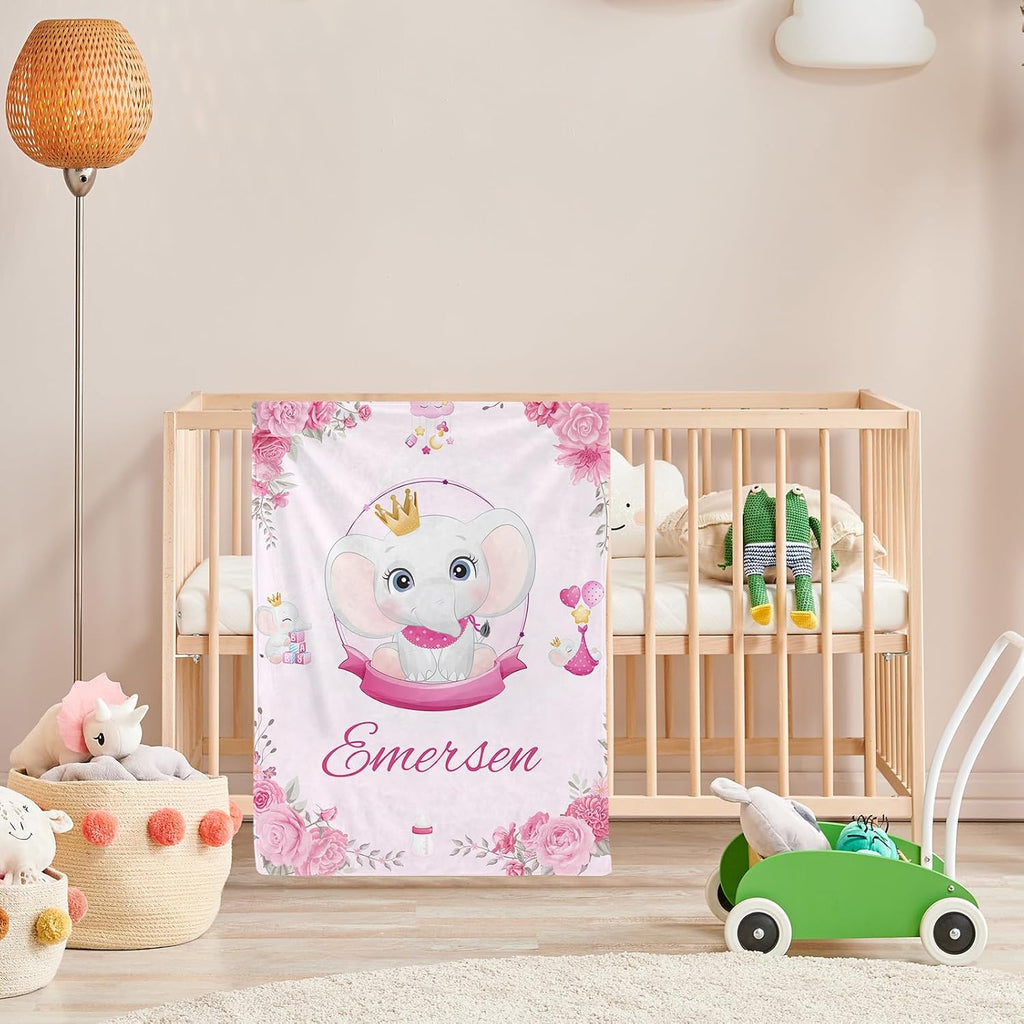 Personalized Baby Blanket with Name, Custom Pink Elephant Name Blanket Toddler Girls Soft Flannne Swaddling Blankets Customized Memorial Gift from Nana for Infant Newborn Shower