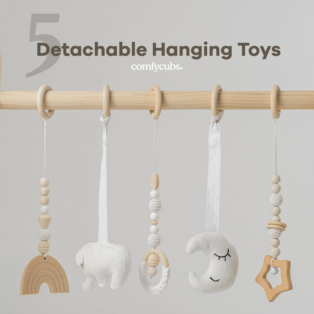 Comfy Cubs Wooden Baby Play Gym - Natural Finish Pinewood Baby Activity Gym with 5 Sensory Hanging Toys - Easy No-Tool Assembly, Safe and Durable for Infant Motor and Visual Development - Natural Wood
