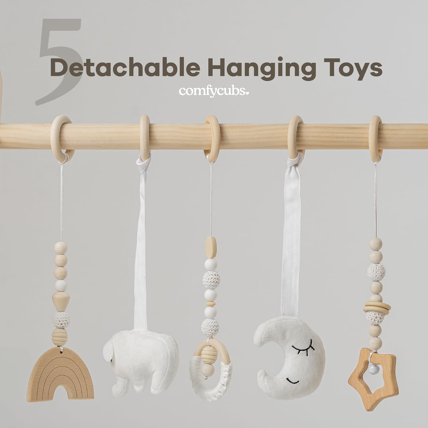 Comfy Cubs Wooden Baby Play Gym - Natural Finish Pinewood Baby Activity Gym with 5 Sensory Hanging Toys - Easy No-Tool Assembly, Safe and Durable for Infant Motor and Visual Development - Natural Wood