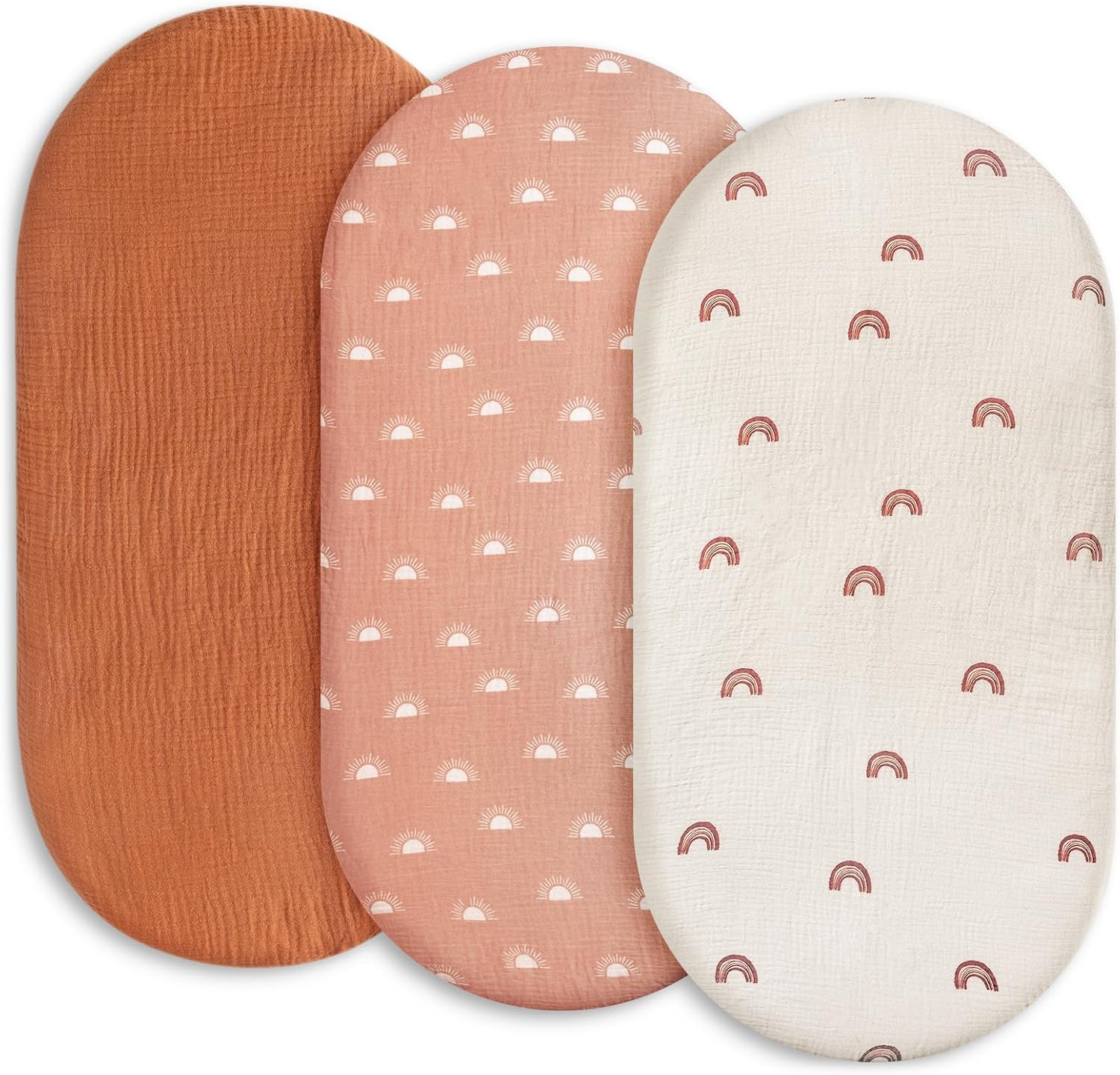 Gllquen Baby Muslin Bassinet Sheets 3 Pack, Breathable Elastic Cozy Fitted Cotton Bassinet Mattress Sheet for Baby Boy Girls, Fit for Hourglass Oval Rectangular Cradle Pad Sheets 33"x17"(Rainbow)
