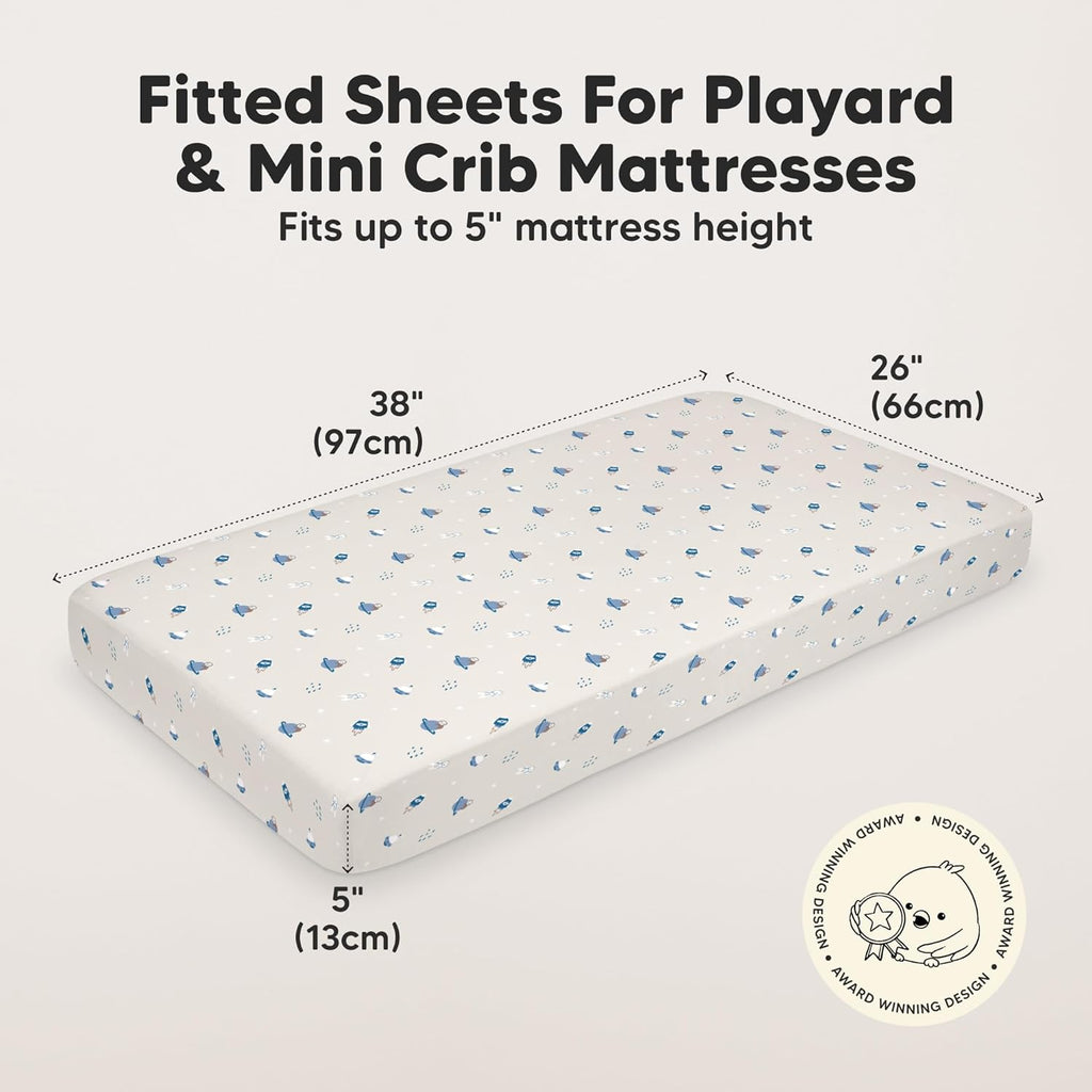 2-Pack Mini Crib Sheets Fitted - 38x26 Pack N Play Sheets for Pack and Play Mattress, Organic Cotton, Soft & Breathable Playard Bedding, Neutral Mini Toddler Bed Cover for Boys, Girls (Cosmo)