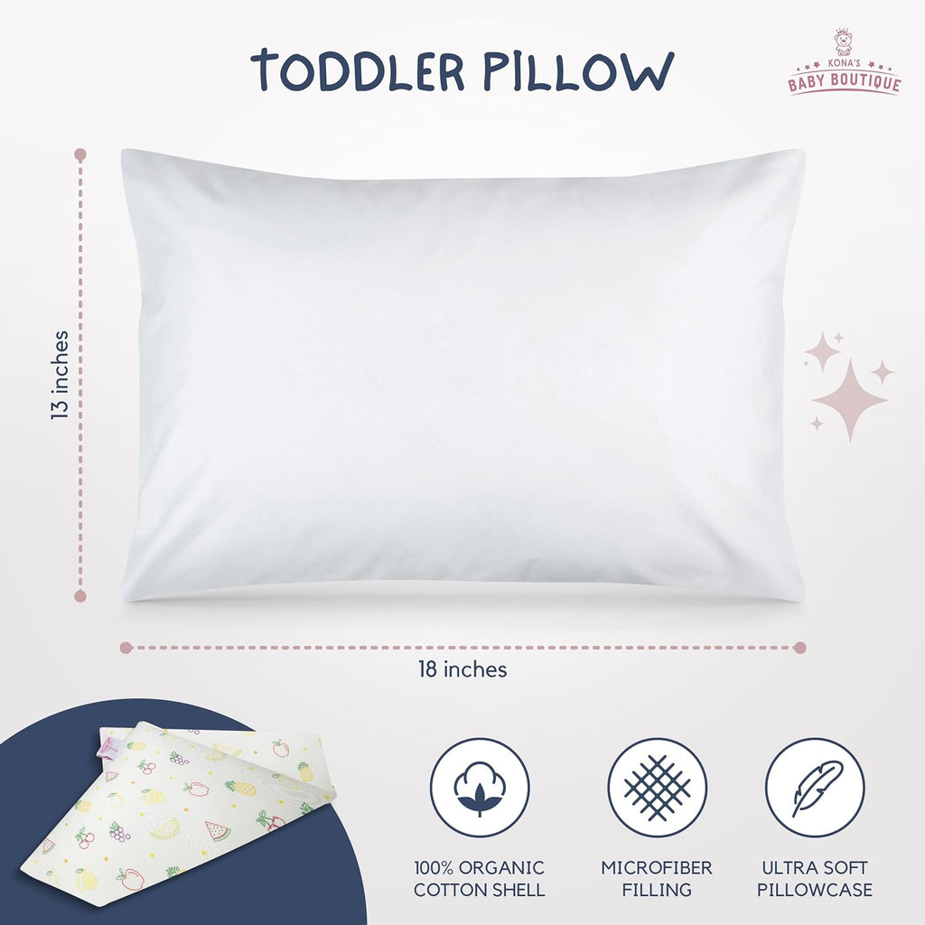 Yellow Fruits - Kona's Perfect Toddler Pillow with Softest Toddler Pillowcase - 13 x 18 inch Toddler Pillow - Toddler Pillow 2 Year Old, Toddler Pillow 3 Year Old