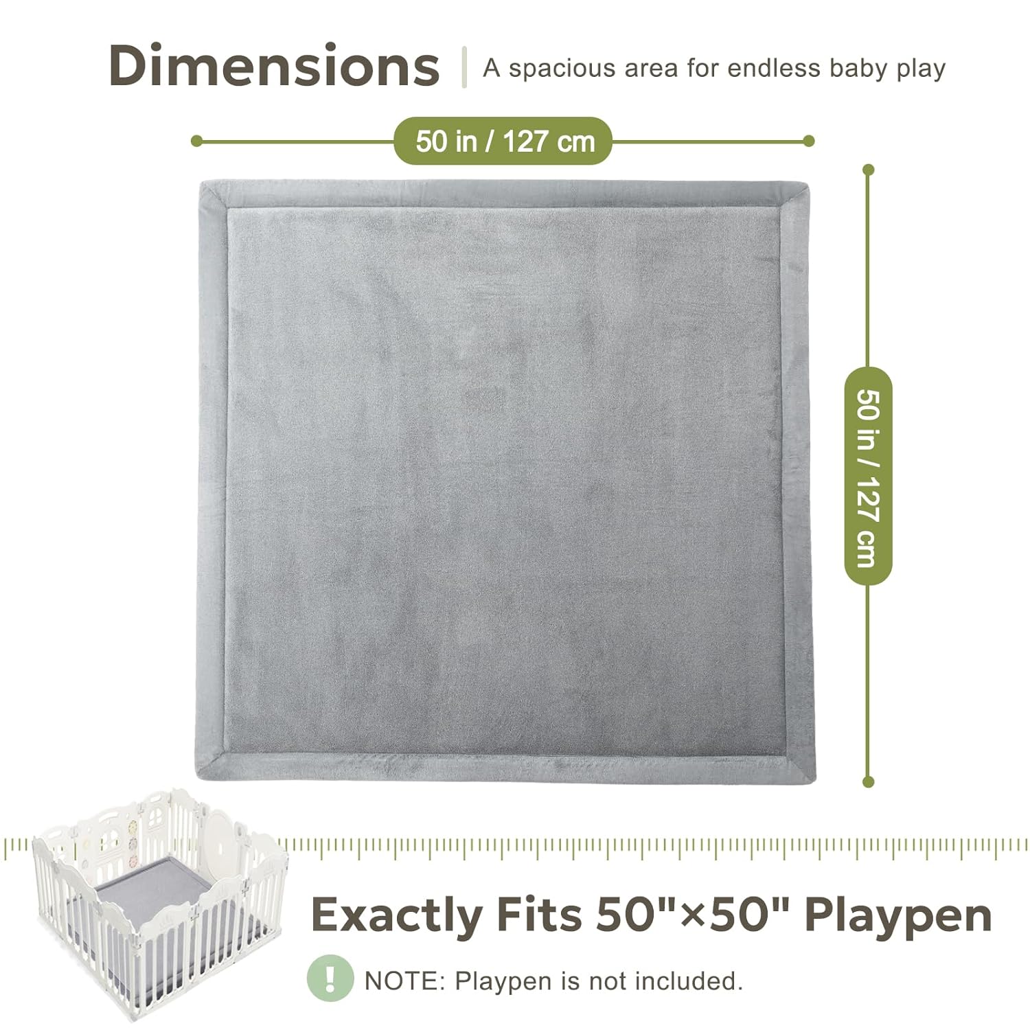Ultra Soft 1.3" Thick Baby Play Mat for Floor, Large Velvet 50x50 Playpen Mat, Baby-Safe & Non-Slip Tummy Time Mat, Crawling Mat for Babies, Toddlers, Infants, Kids, Easy Care, 50"x50", Gray