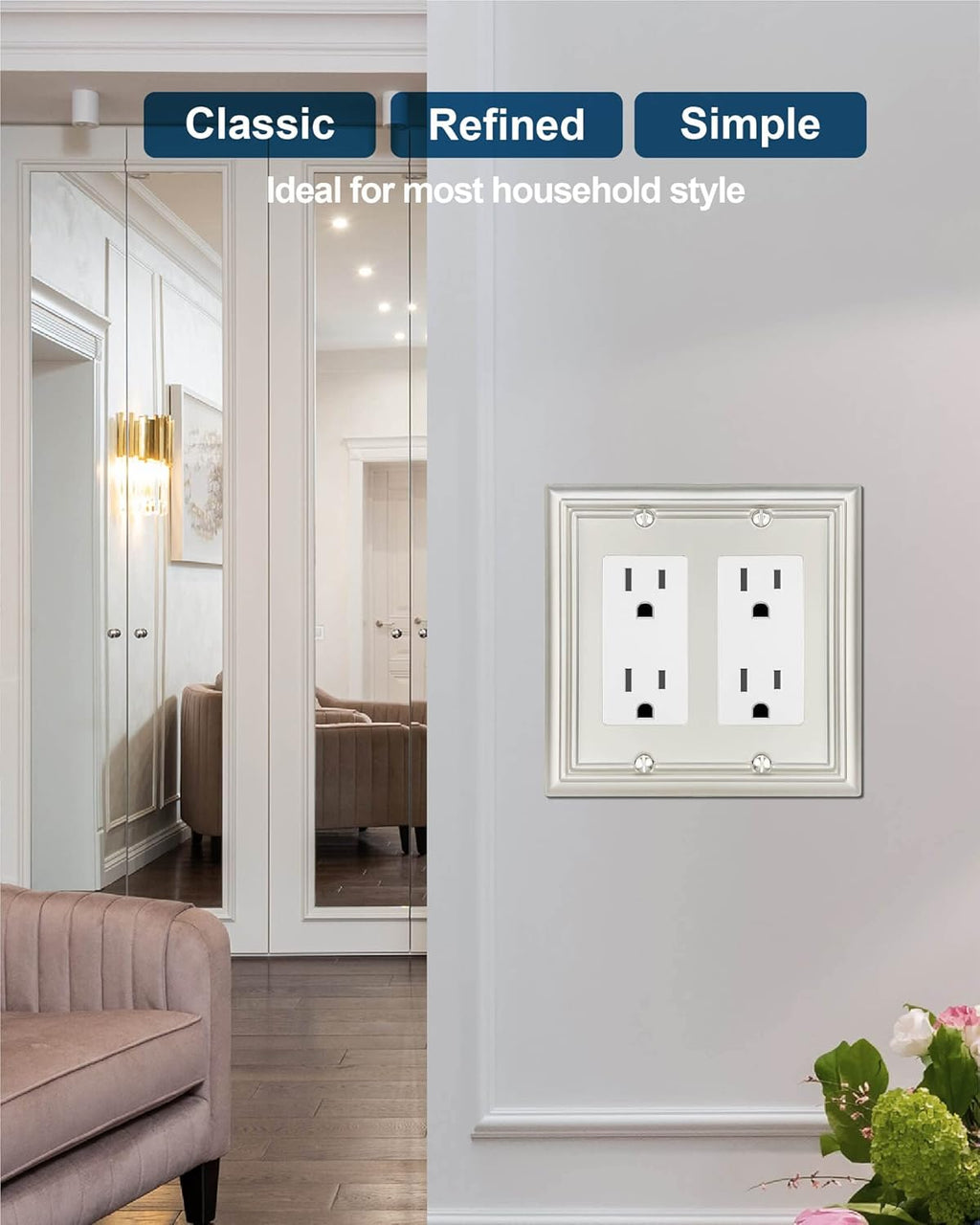 2-Pack Double Decorator Outlet Covers, Satin Nickel Wall Plates for Dimmer Switch, GFCI Outlet and Receptacal, Durable Metal, Midsize