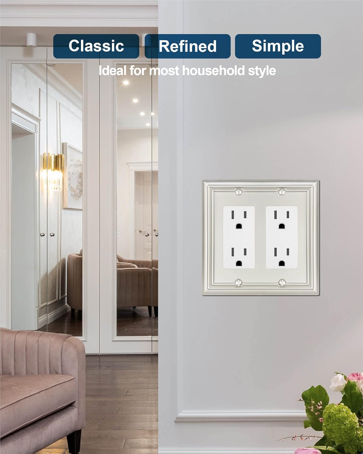 2-Pack Double Decorator Outlet Covers, Satin Nickel Wall Plates for Dimmer Switch, GFCI Outlet and Receptacal, Durable Metal, Midsize