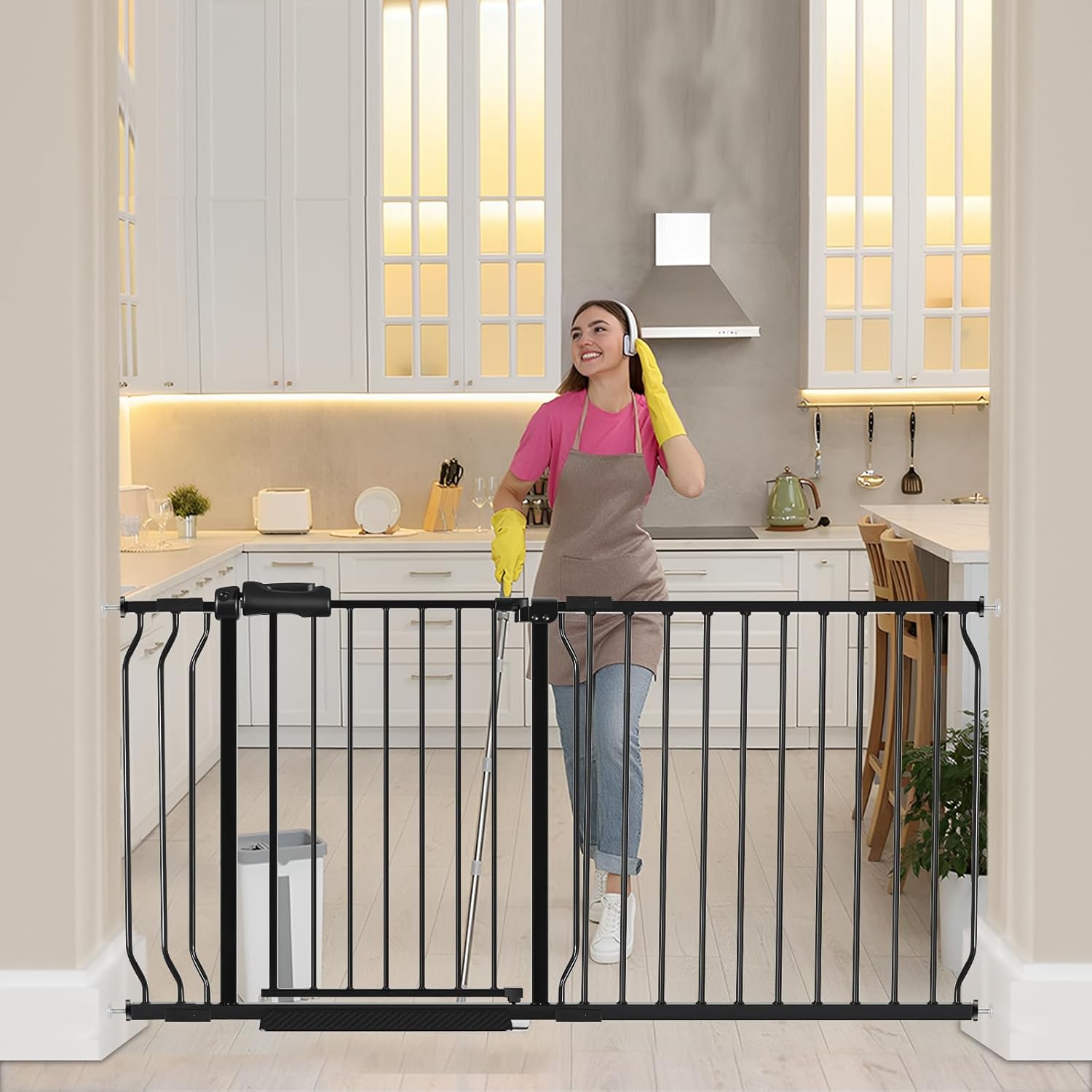 HOOEN 30" Tall Extra Wide Baby Gate for Doorways Stairs 62 to 67 Inch Large Long Pressure Monuted Dog Gate Black Tension Baby Gate Walk Through Safety Gate for Kids or Pets