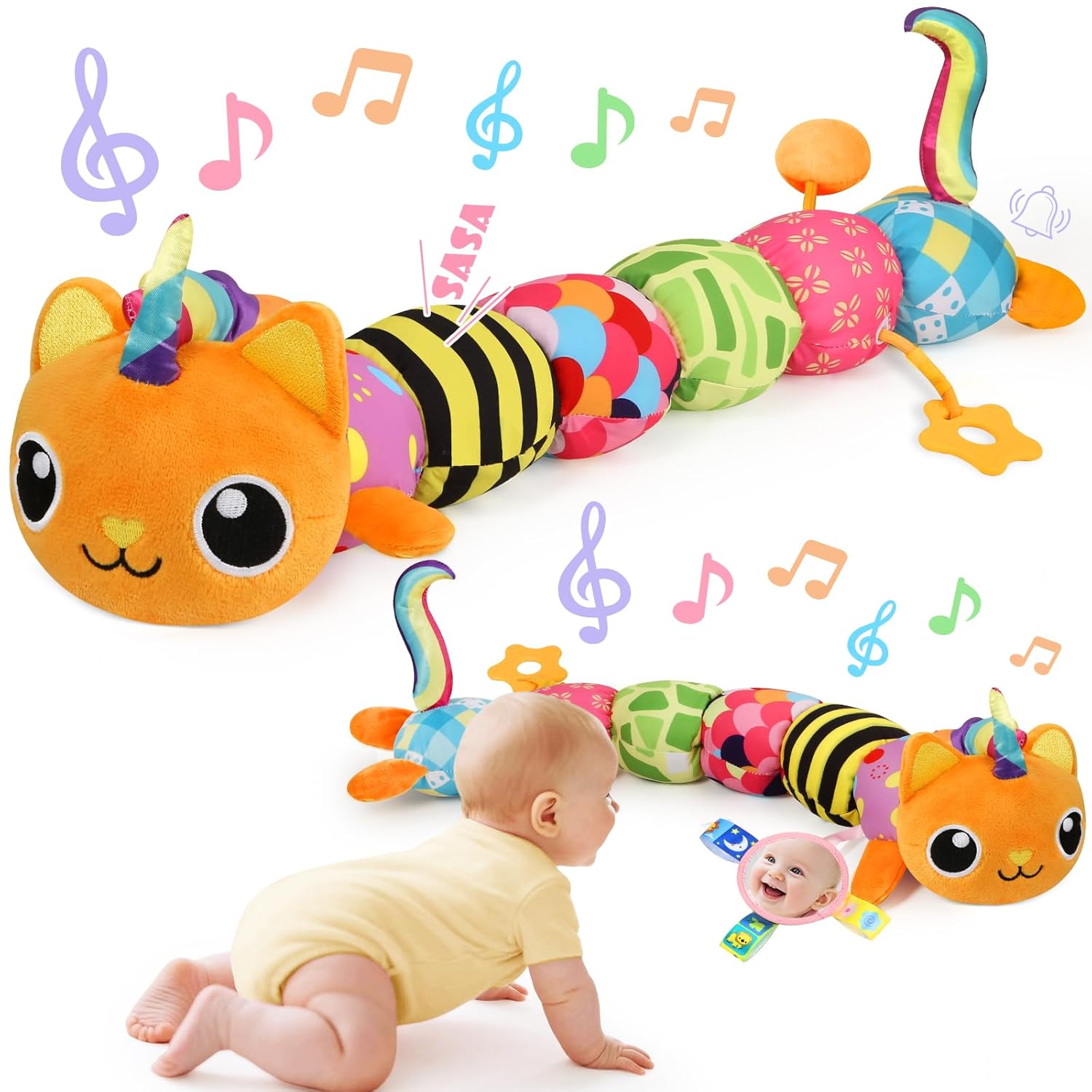 Baby Toys 0-6 6-12 Months, Sensory Musical Animal Stuffed Toy for Infant 0-3 3-6 Months, Tummy Time Toys with Mirror Crinkle Rattle, Plush Unicorn Cat Toy Gifts for 0 1 2 3 4 5 6+ Months Boys Girls