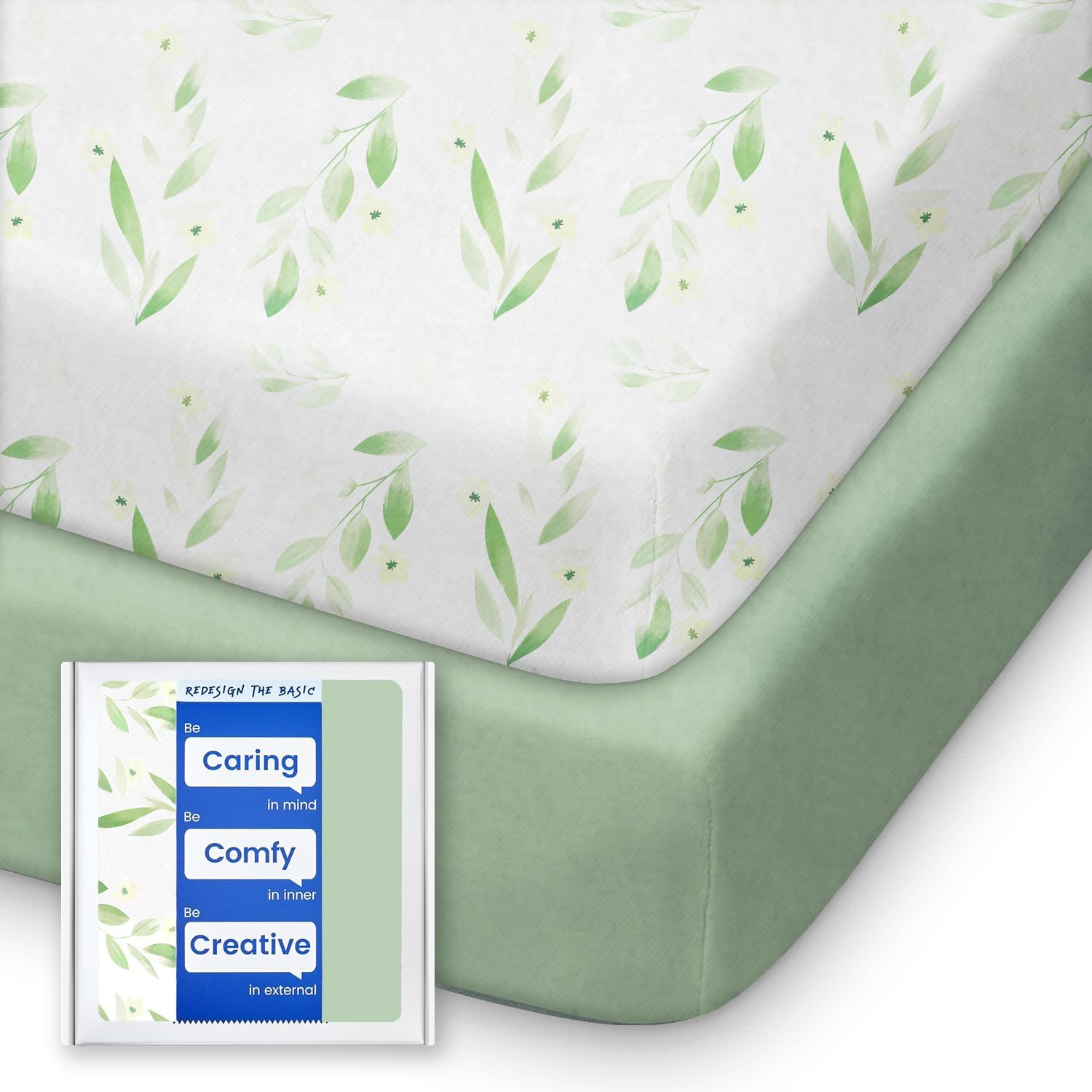 Pack N Play Sheets Fitted for Girls Boys, TotBasic Boho Mini Crib Sheets for Pack and Play/Mini Crib Mattress, Premium Soft Stretchy Jersey for Breathable Comfort - 2 Pack (Sage Green&Botanical Leaf)