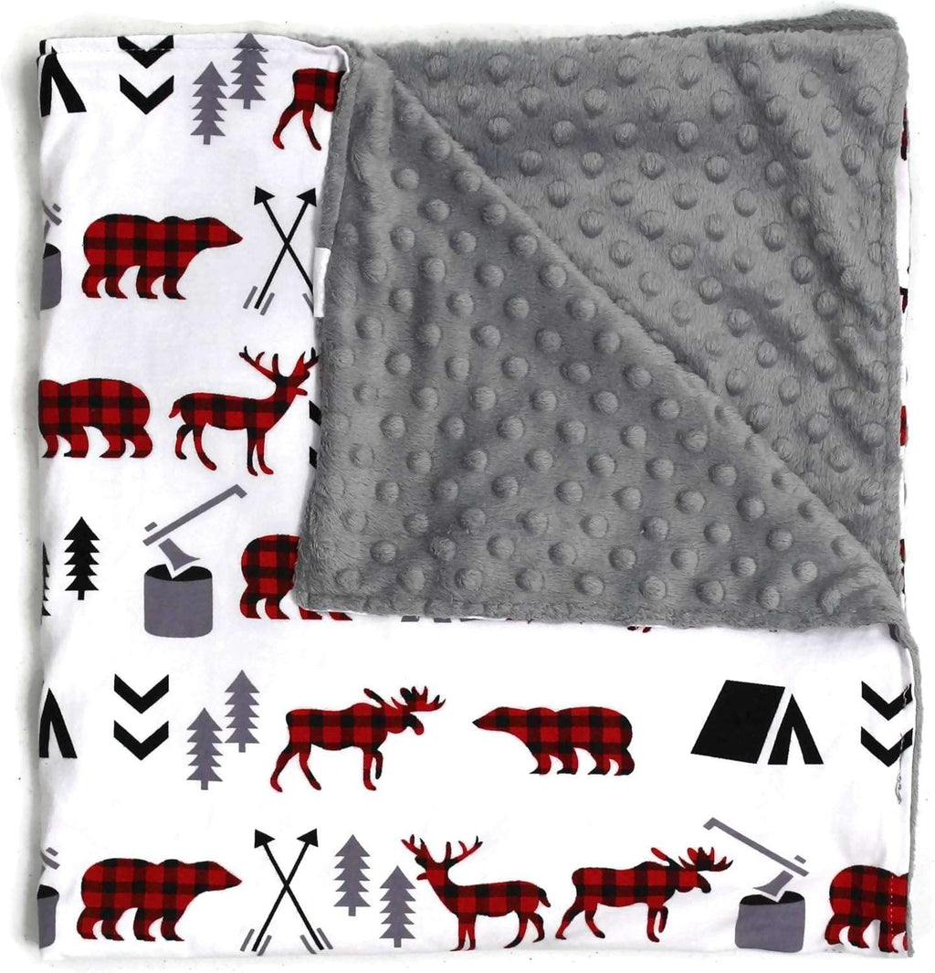 Top Tots Baby Blanket – Soft Plaid Animal Print with Bears, Deer & Trees – White Front, Gray Dotted Minky Back