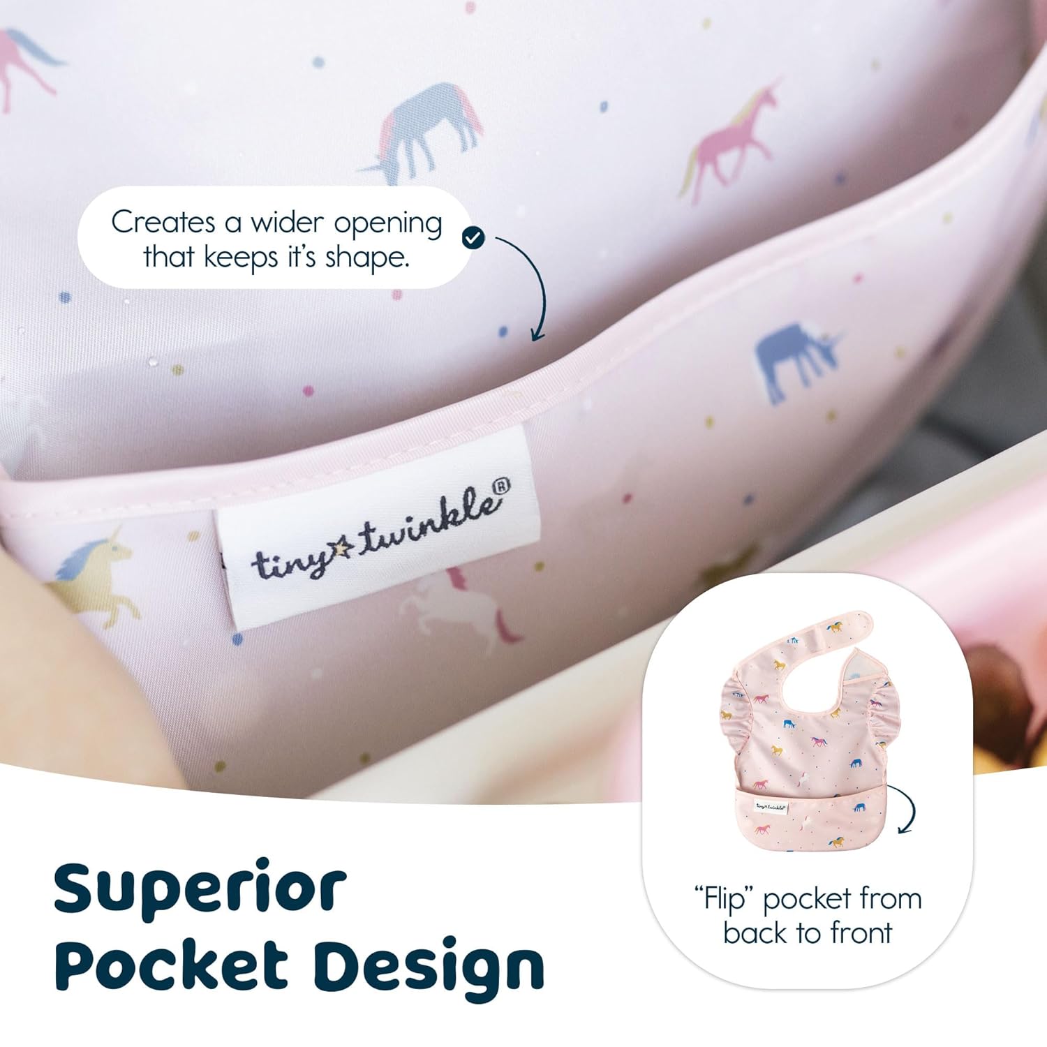 Tiny Twinkle Mess-Proof Baby Bib - Waterproof Bib for Baby Girl - Machine Washable - Adjustable Closure - PVC, BPA, & Phthalate Free - Great for Travel - Baby Food Bibs (3 Pack, Unicorn Set)
