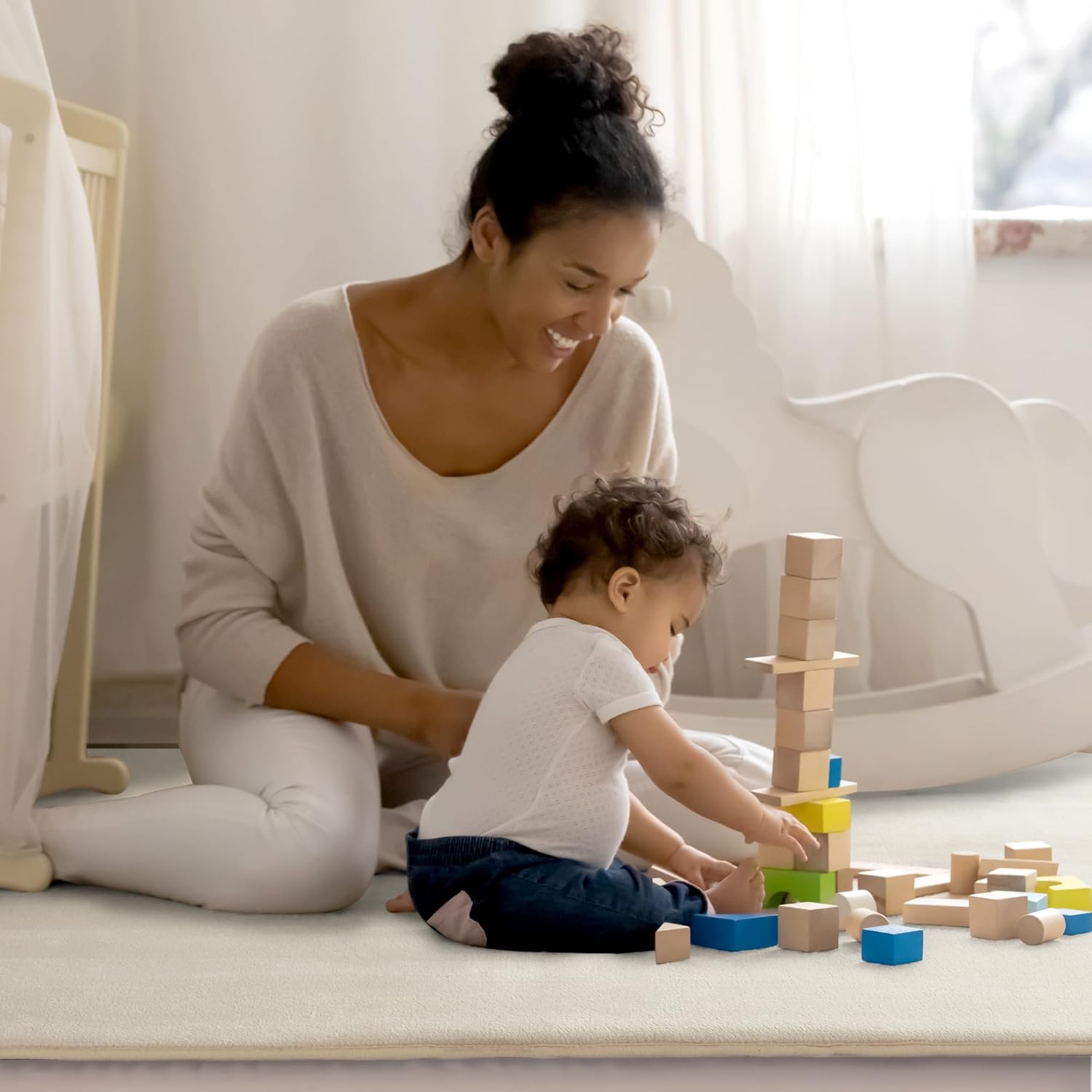 BALAPET Thick Memory Foam 71x59 Play Mat for Playpen, Super Soft Velvet Portable Baby Playpen Mat for Kids Toddler Crawling and Play, Non-Slip Bottom Playmat, Cream