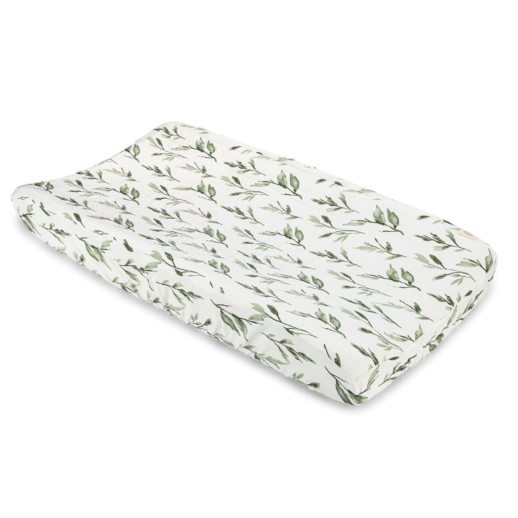Crane Baby Green Leaf, Quilted Changing Pad Cover, 100% Cotton Sateen, 16in X 32in, Fitted with Elastic, Soft, Machine Washable, Neutral Nursery Essential