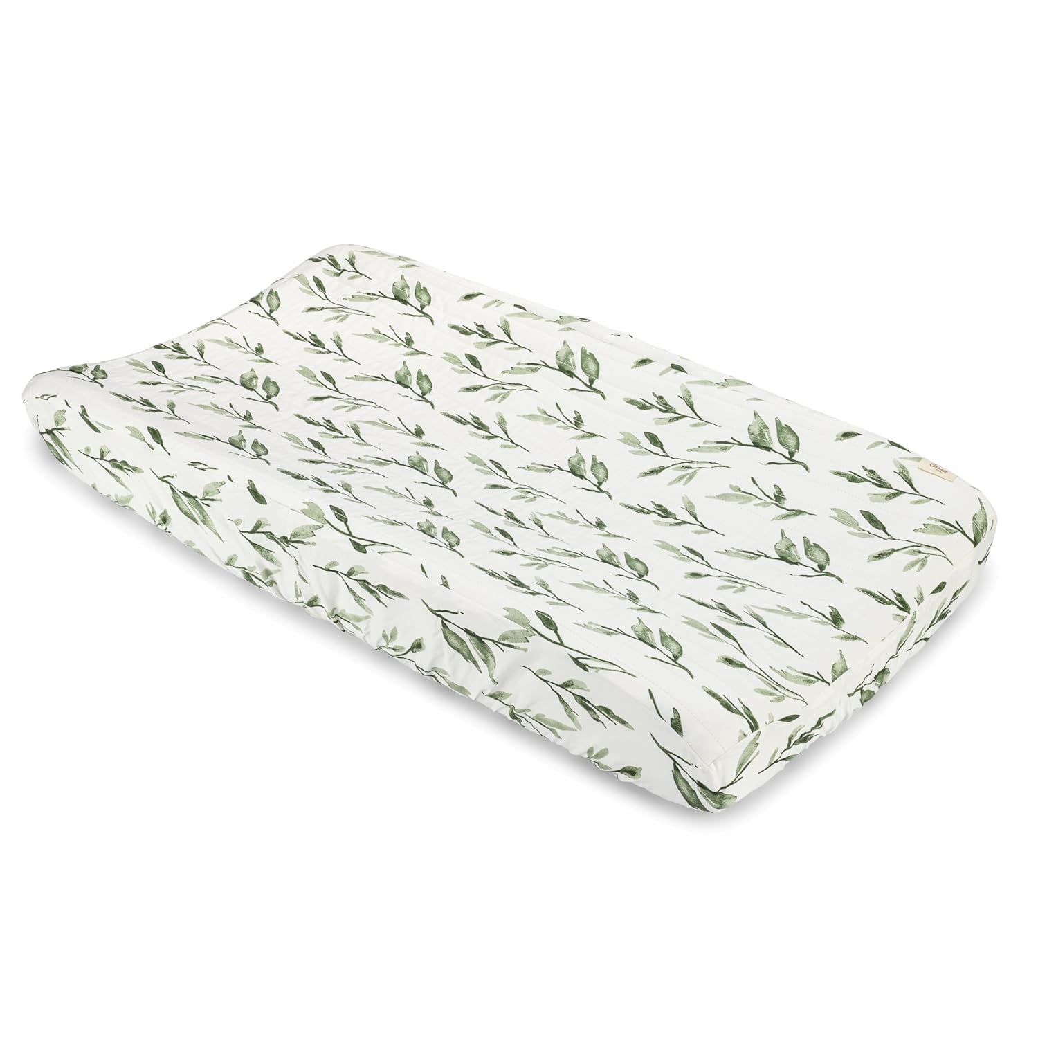 Crane Baby Green Leaf, Quilted Changing Pad Cover, 100% Cotton Sateen, 16in X 32in, Fitted with Elastic, Soft, Machine Washable, Neutral Nursery Essential