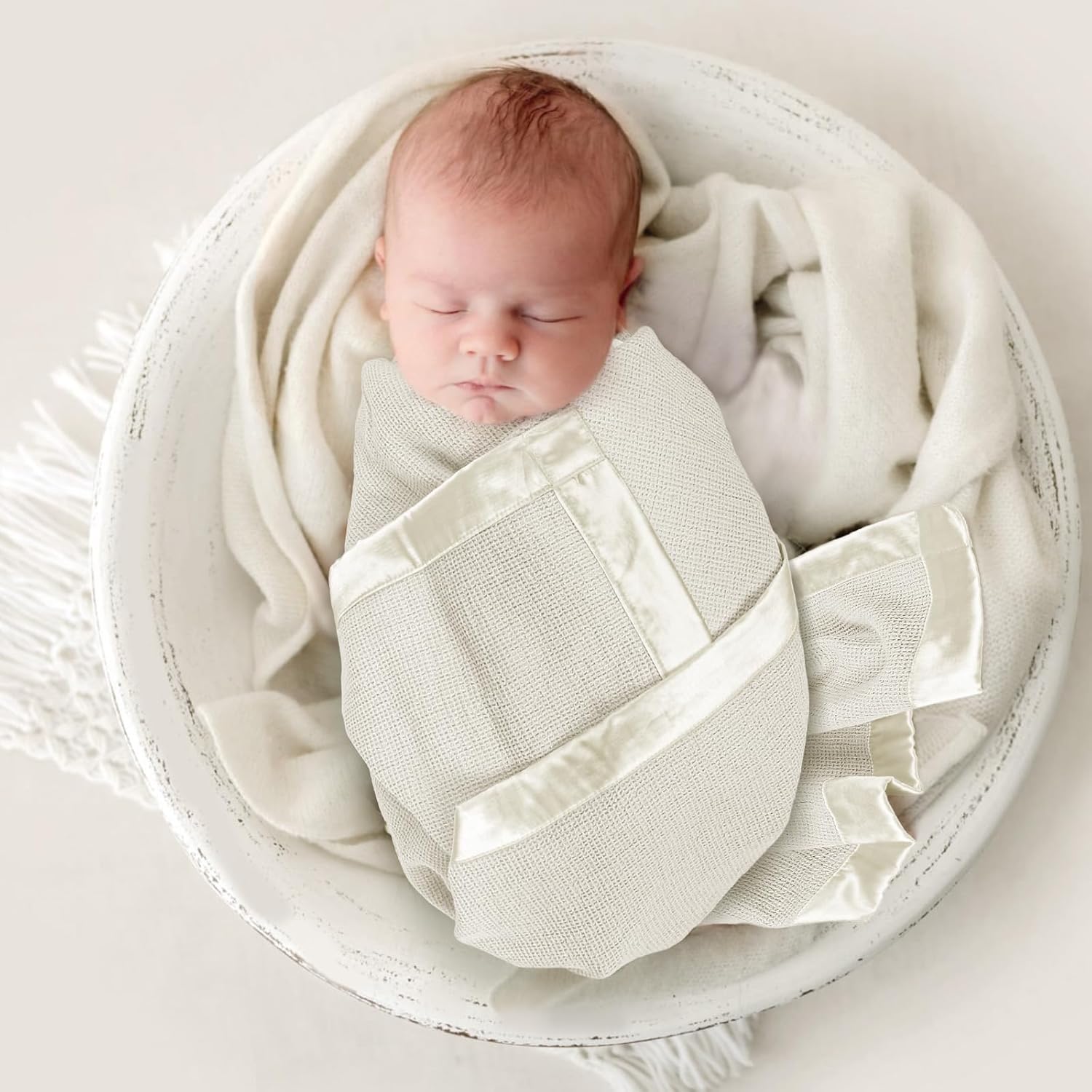 lulumoon Swaddle Baby Blanket: Waffle Blanket with Satin Trim - Breathable Toddler Blankets Perfect for Nursing Cover and Playtime - Cotton Crib Quilt for Daytime Naps 40"x36"(Cream)