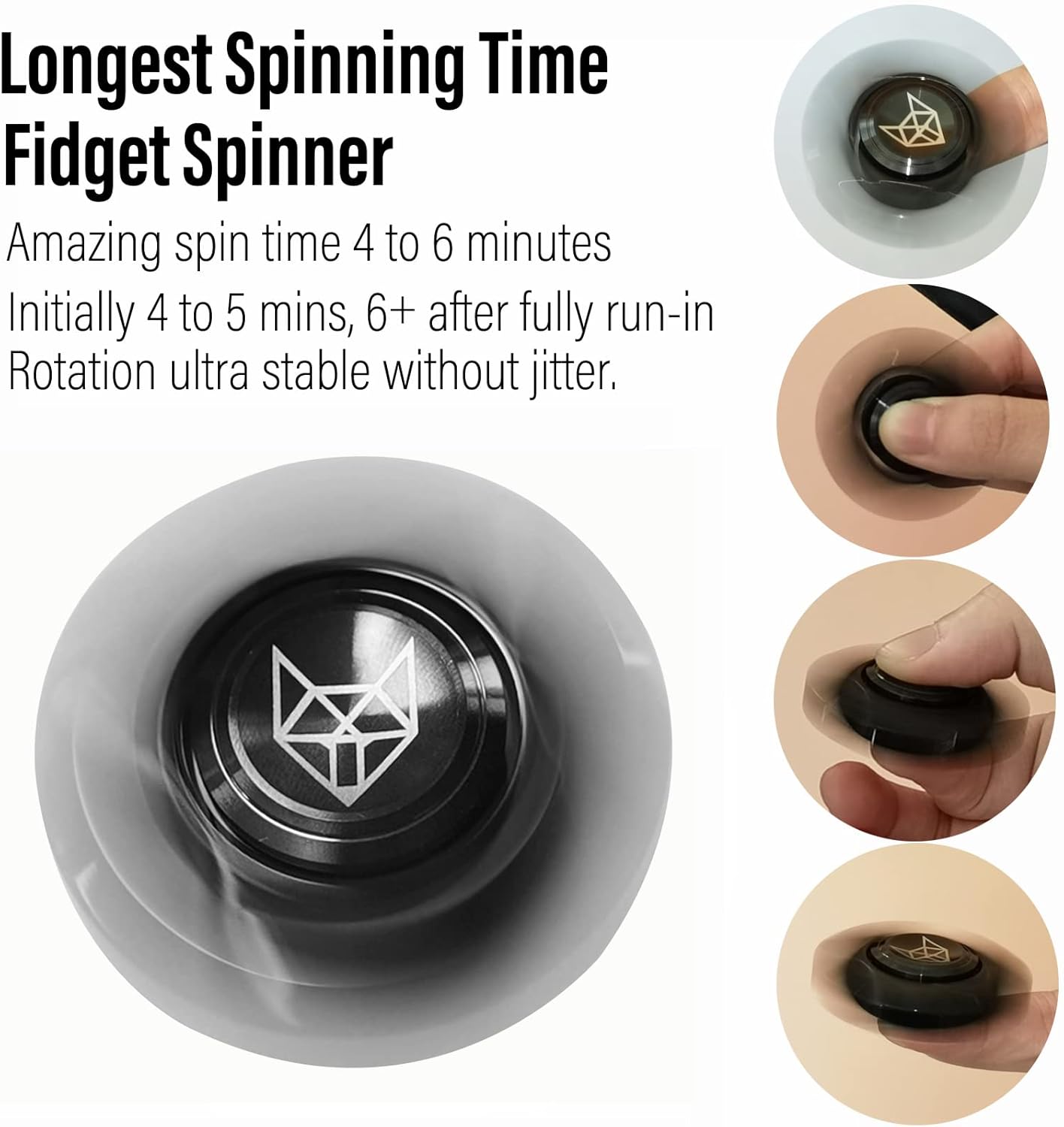 FREELOVE Metal Fidget Spinner, Stainless Steel Heavy, Long Spinning Toys, Cool Silent, Small Mini Fox Figette Spiner for Adults Men Anxiety, Quiet Bearing, Black