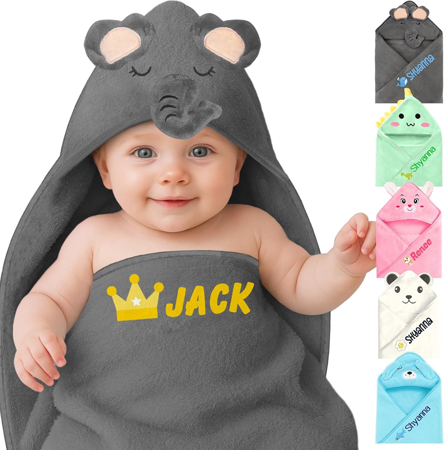Personalized Baby Towels Hooded with Name, Custom Toddler Bath Towel with Hood for Girl Boy, Warm Swaddle Blanket, Customized Newborn Gifts - Printed (Grey Elephant)