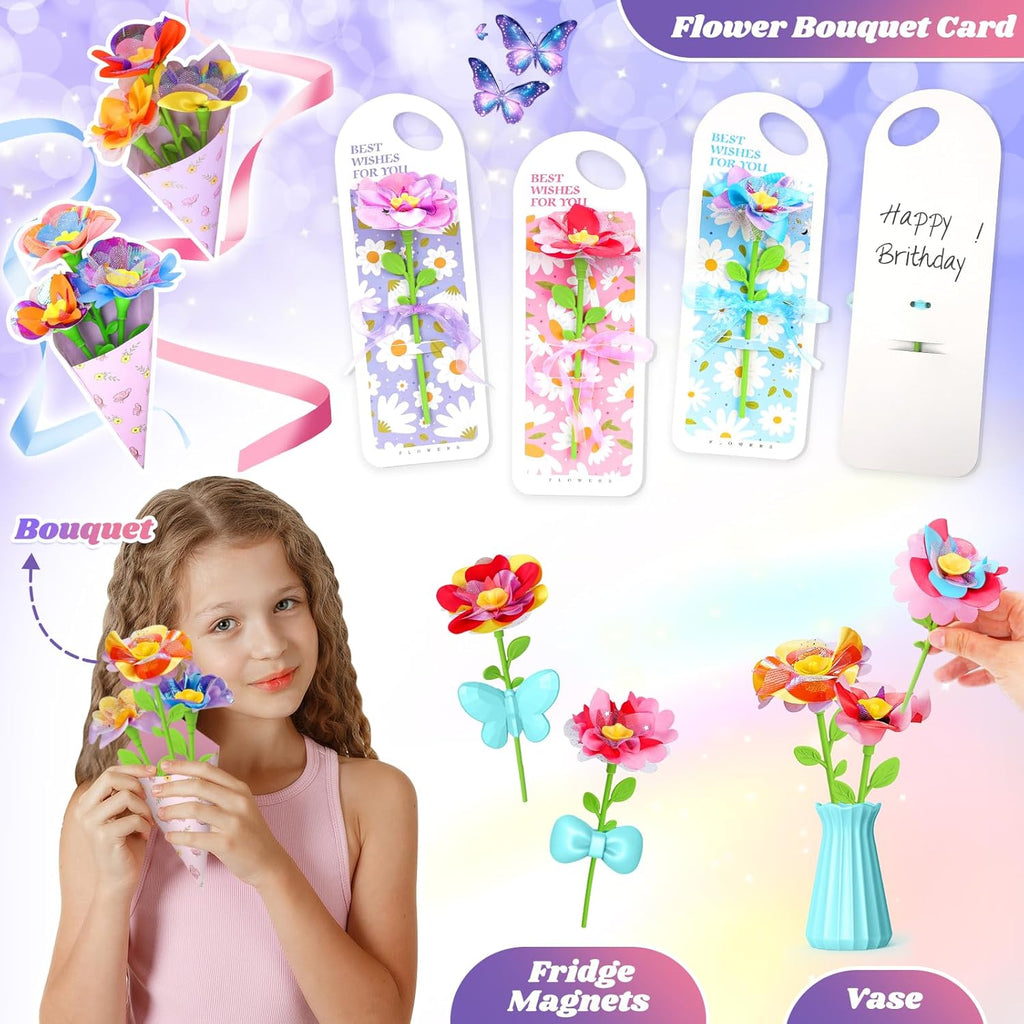 KLAPTOR Arts and Crafts for Kids Ages 4-6: Toys for Ages 5 6 7 8 9 – Birthday Gifts & Craft Set for Girl Age 3-9 - DIY 30+ Flower Bloom Maker with Music Light Base Vase Fridge Magnets Cards