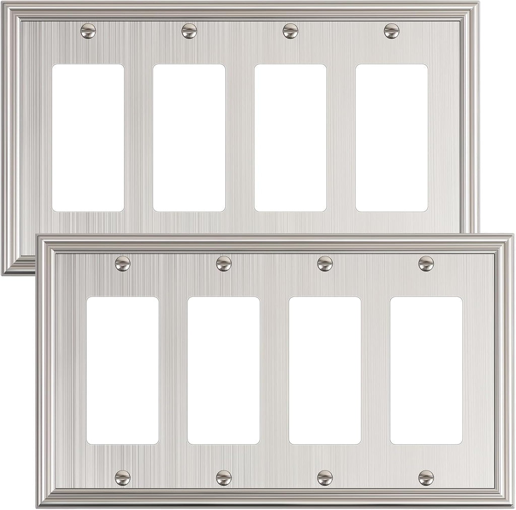 2-Pack Quad Decorator Outlet Cover Plate, Zinc Alloy Brushed Nickel Switch Plates and Outlet Covers, 4 Gang Wall Plates for Electrical Outlets, Receptacle, GFCI Outlet, Dimmer Switch