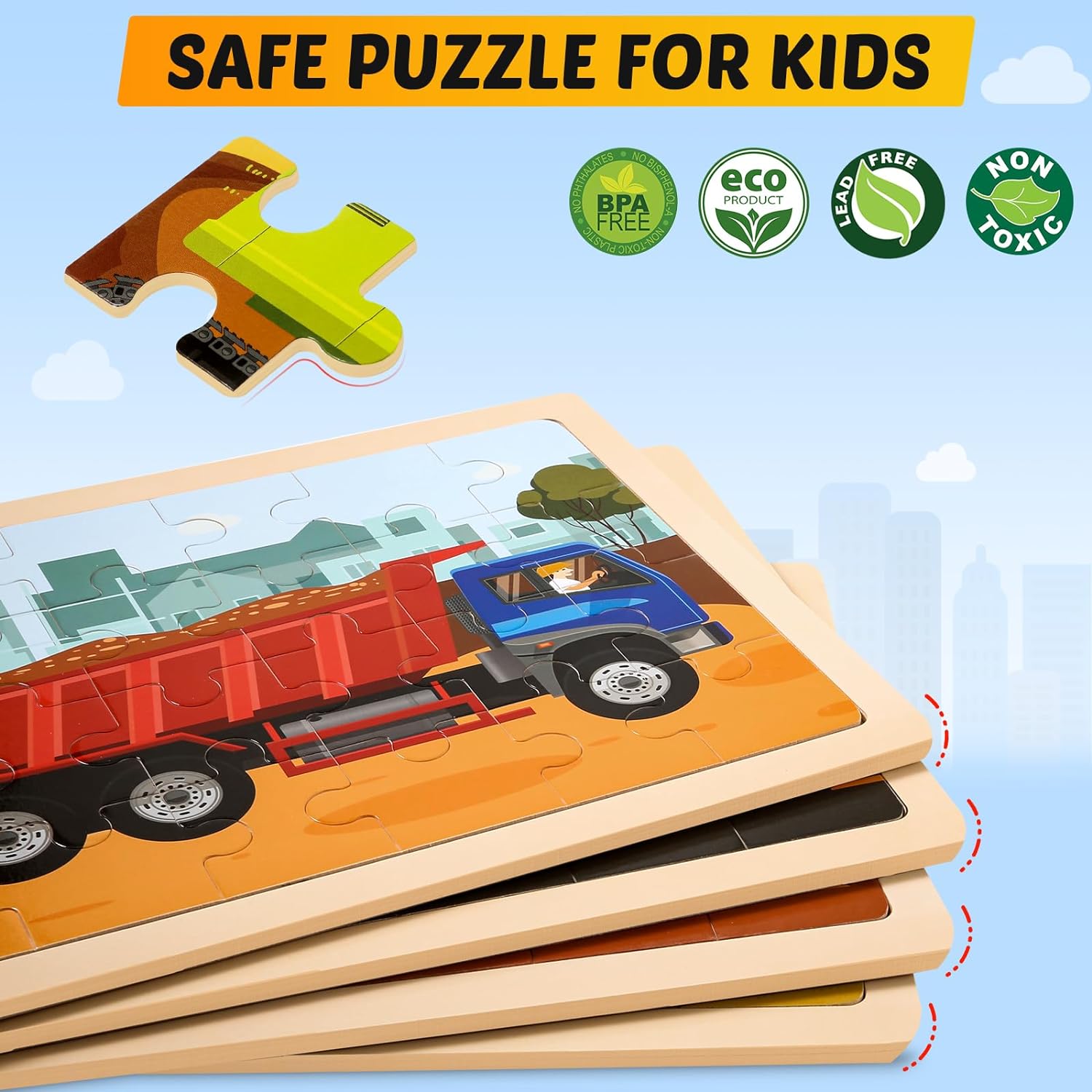 Wooden Vehicle Puzzles for Kids Age 3 4 5 Year Old, 4 Pack 24 Pcs Montessori Toddler Jigsaw Puzzles for Girl boy Activities Preschool Learning Educational Birthday Gift Travel Autistic Wooden Toys