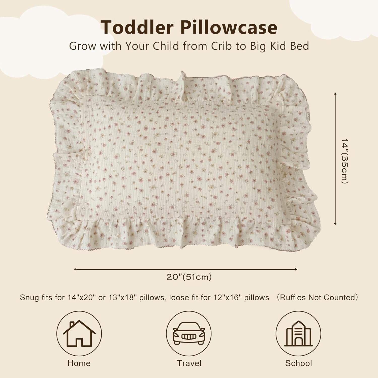 BuLuTu 2-Layer Cotton Muslin Toddler Pillowcases for Girls Boys Floral Pillow Cover Decorative Pillow Cases Gauze Cotton Small Pillow Protector for Crib, Envelope Closure, 14"x20",1 pc