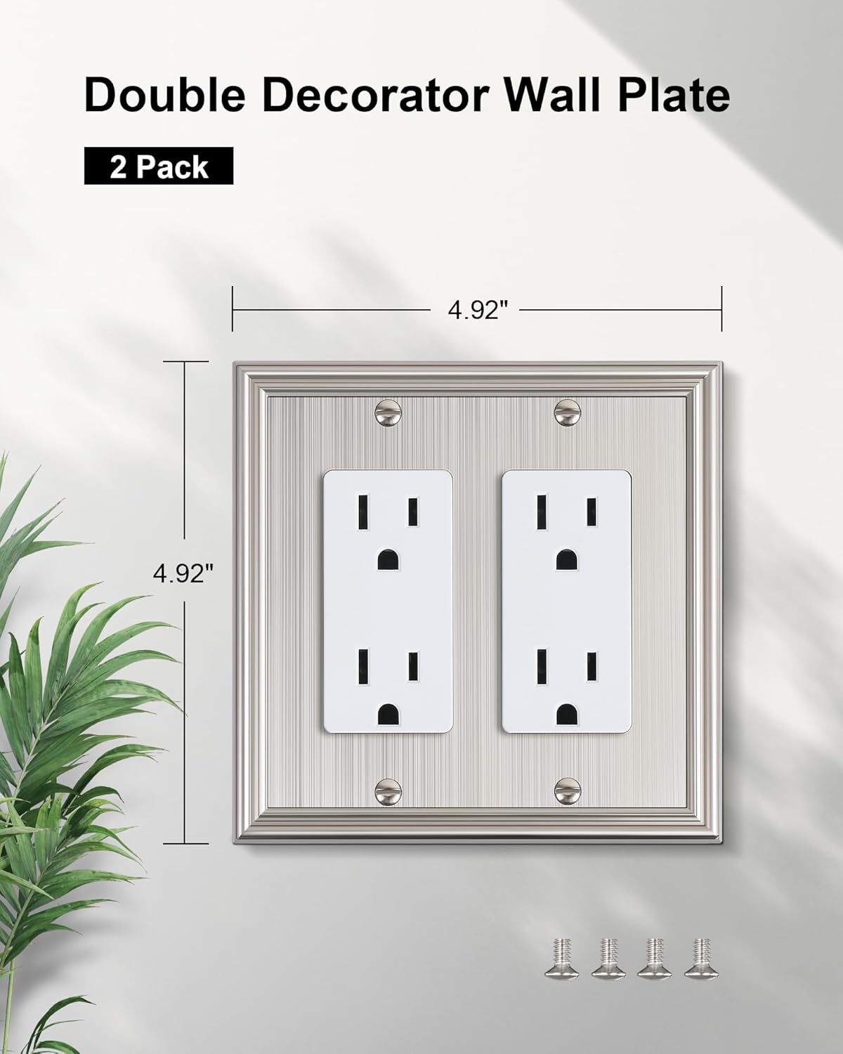 2-Pack Decorative Double Decorator Outlet Cover Plate, Durable Zinc Alloy Brushed Nickel Wall Plates for Electrical Outlets, Receptacle, GFCI Outlet, Dimmer Switch, 2-Gang
