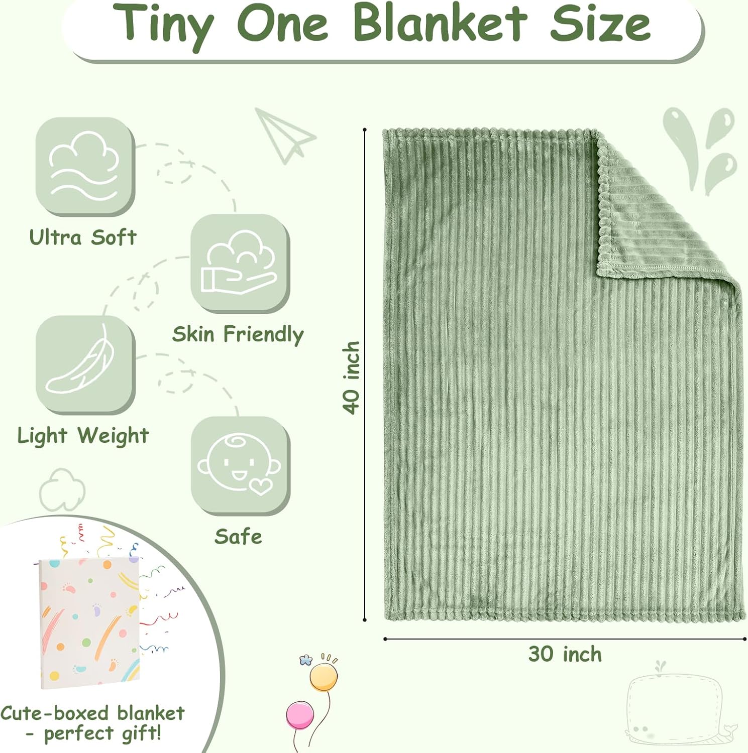 Soft Fleece Baby Blanket Ultra Cozy Green Baby Blankets for Boys Warm and Lightweight Infant Toddler Newborn Receiving Gift with Reversible Stripes for Crib Stroller, 30x40 Inch, Sage Green