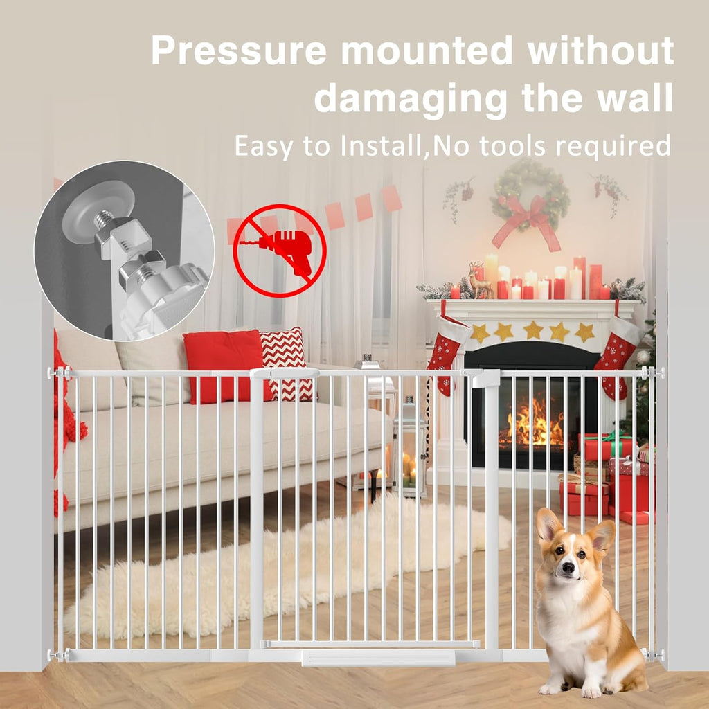 Extra Wide Baby Gate 30.11-77.36",Ultra Narrow 1.37" Spacing Dog Gate indoor,Double Lock Auto Close Pet Gate for House,Pressure Mounted Baby Gate Easy Walk Through Pet Gate for Hallway(White)