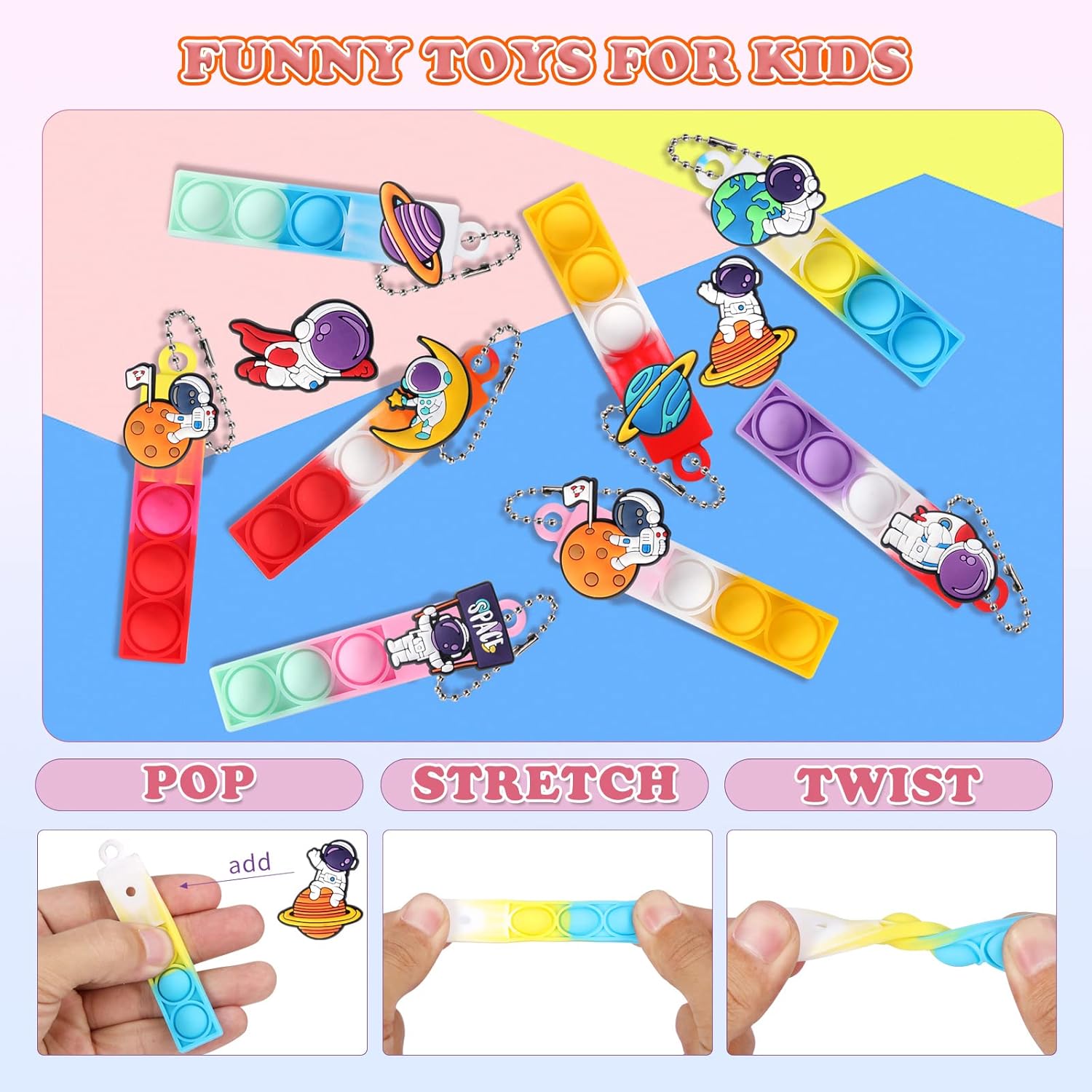 24pcs Mini Pop Fidget Toys Bulk Astronaut Party Favors for Kids Pop Keychain Sensory Toys Bag Fillers Pop Toddler Birthday Carnival Treasure Classroom Prizes Stress Reliever Desk Toy for Boy Girl