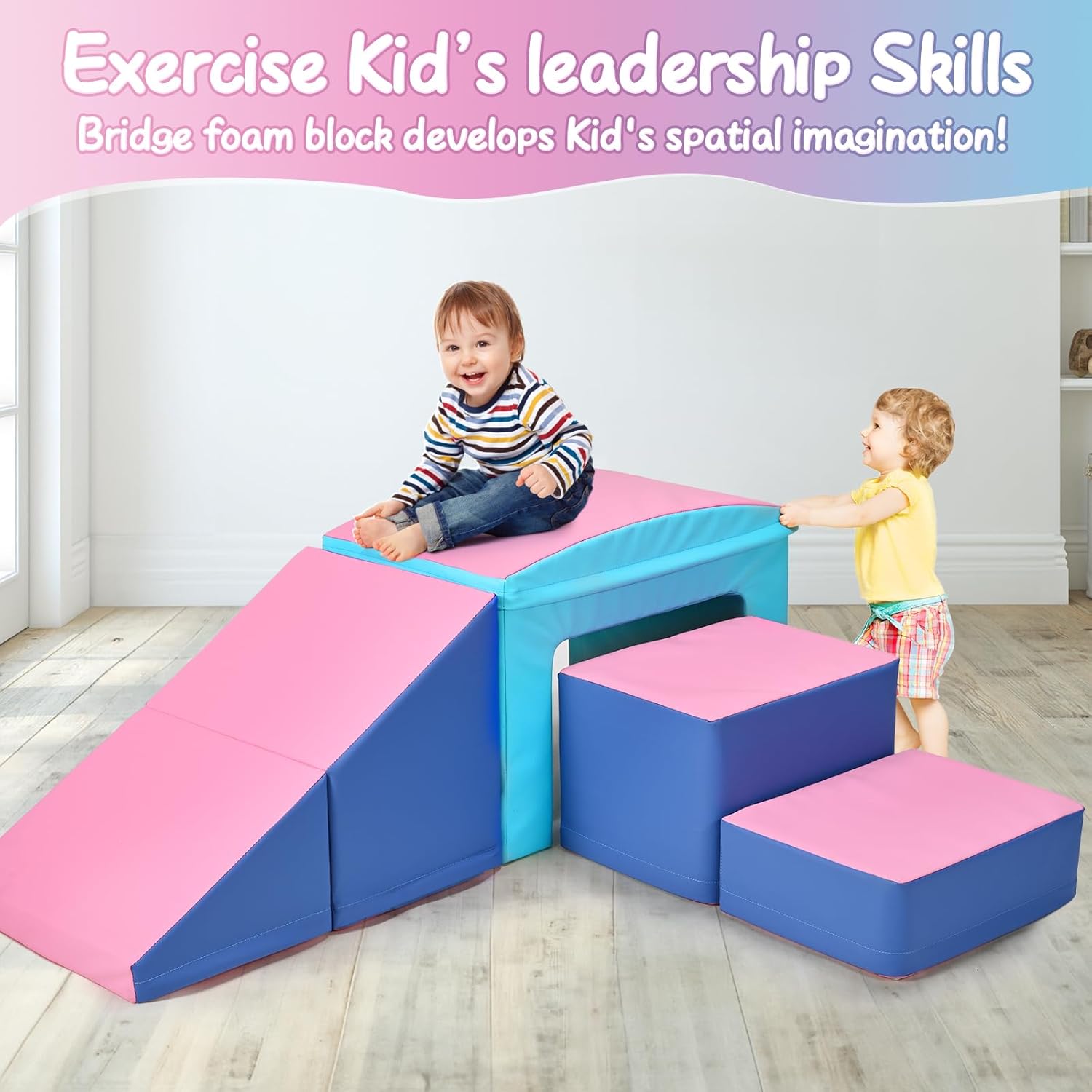 SURPCOS Crawl and Climb Foam Play Set, 6 Pcs Climbing Toys for Toddlers 1-3, Climb and Crawl Activity Playset, Soft Play Equipment Crawling and Sliding (Blue&Pink) 6 peices