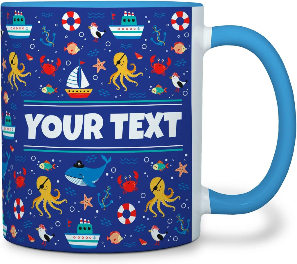 Personalized Mug for Kids - Nautical - Custom Name/Text, Ceramic Hot Chocolate/Cocoa/Coffee Cup for Boys/Girls, Birthday/Christmas/Holiday Gift - 11 oz, Light Blue Handle